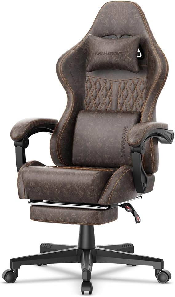 Vintage PU Leather Gaming Chair with Massage and Footrest