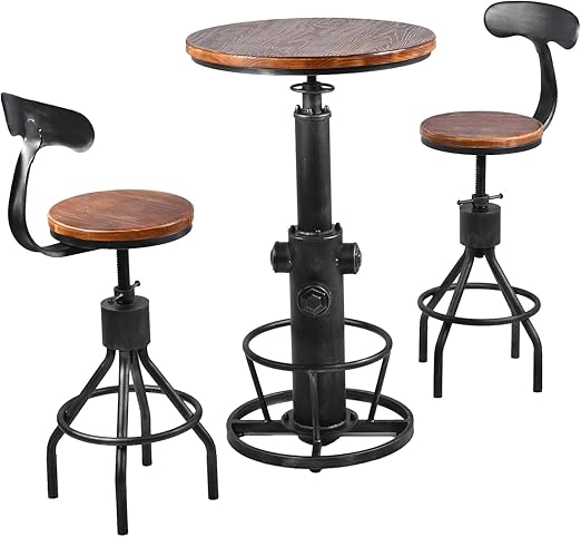 LOKKHAN 3-Piece Bar Table (38.6"-48.4") & 2 Backrest Stools (24"-30") Set for Pub Kitchen Dining Living Party Bistro Breakfast, Swivel Top, Height Adjustable, Most Weld, Space-Saving