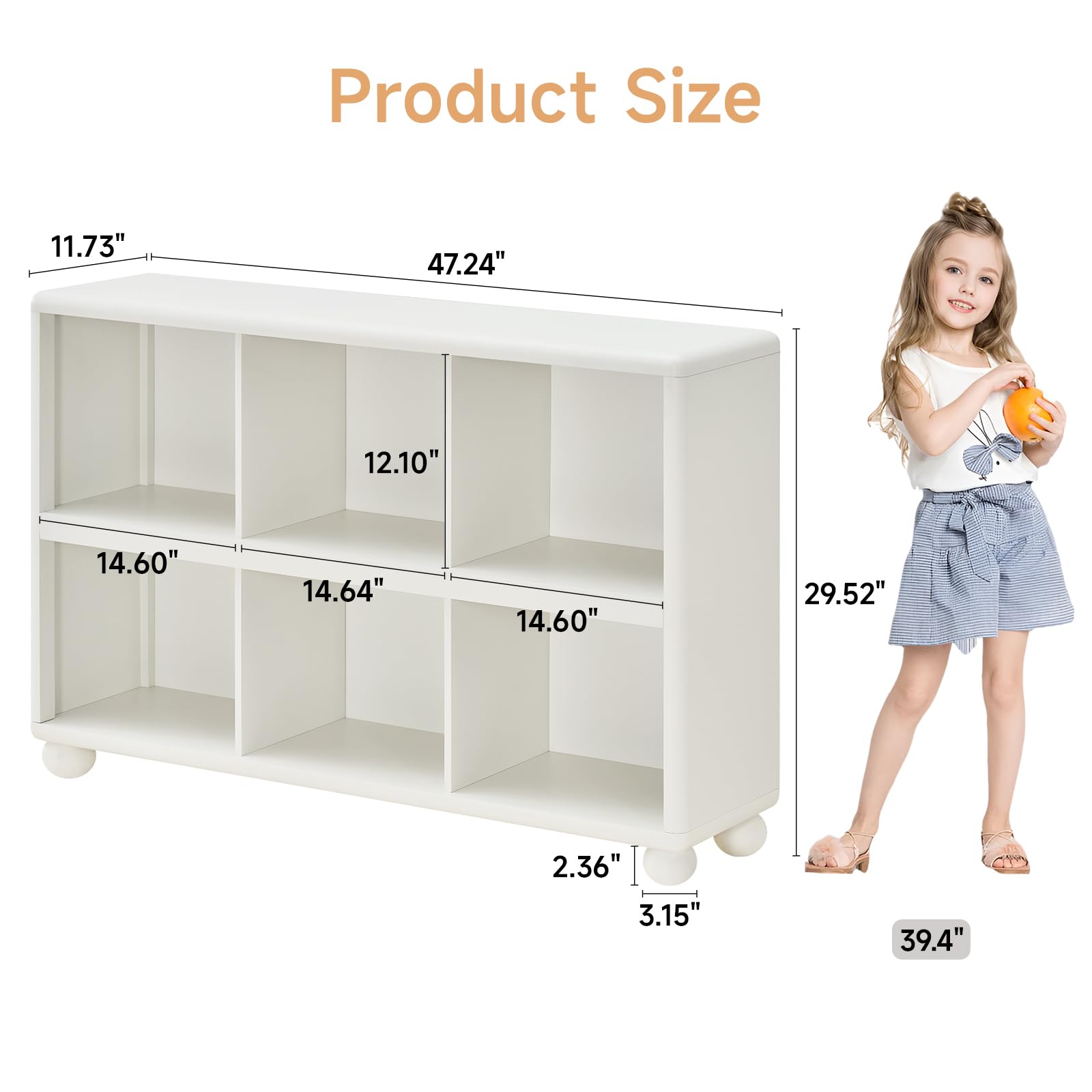 ONBRILL Wooden Bookcase with 6 Cube Storage, Kids Bookshelf with Sphere Foot, Sturdy Toy Storage Organizer, Safe Rounded Corners Bookcase for Living Room, Playroom, Nursery (White)
