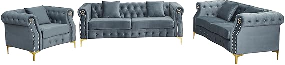 3-Piece Velvet Living Room Set with Tufted Design