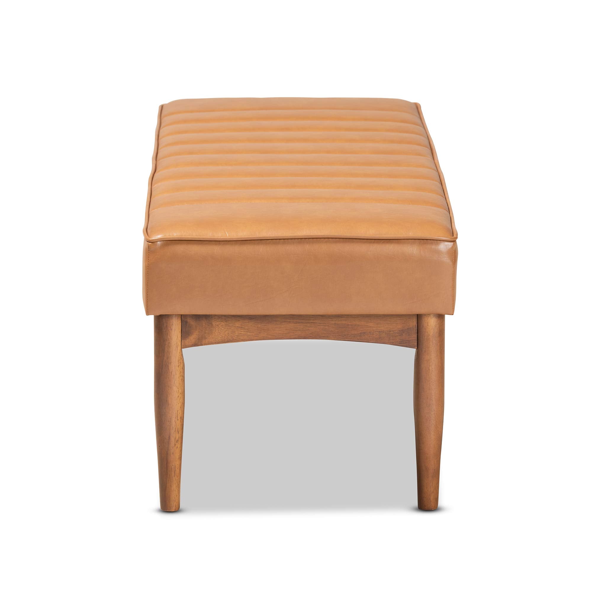Mid-Century Modern Tan Faux Leather Dining Bench