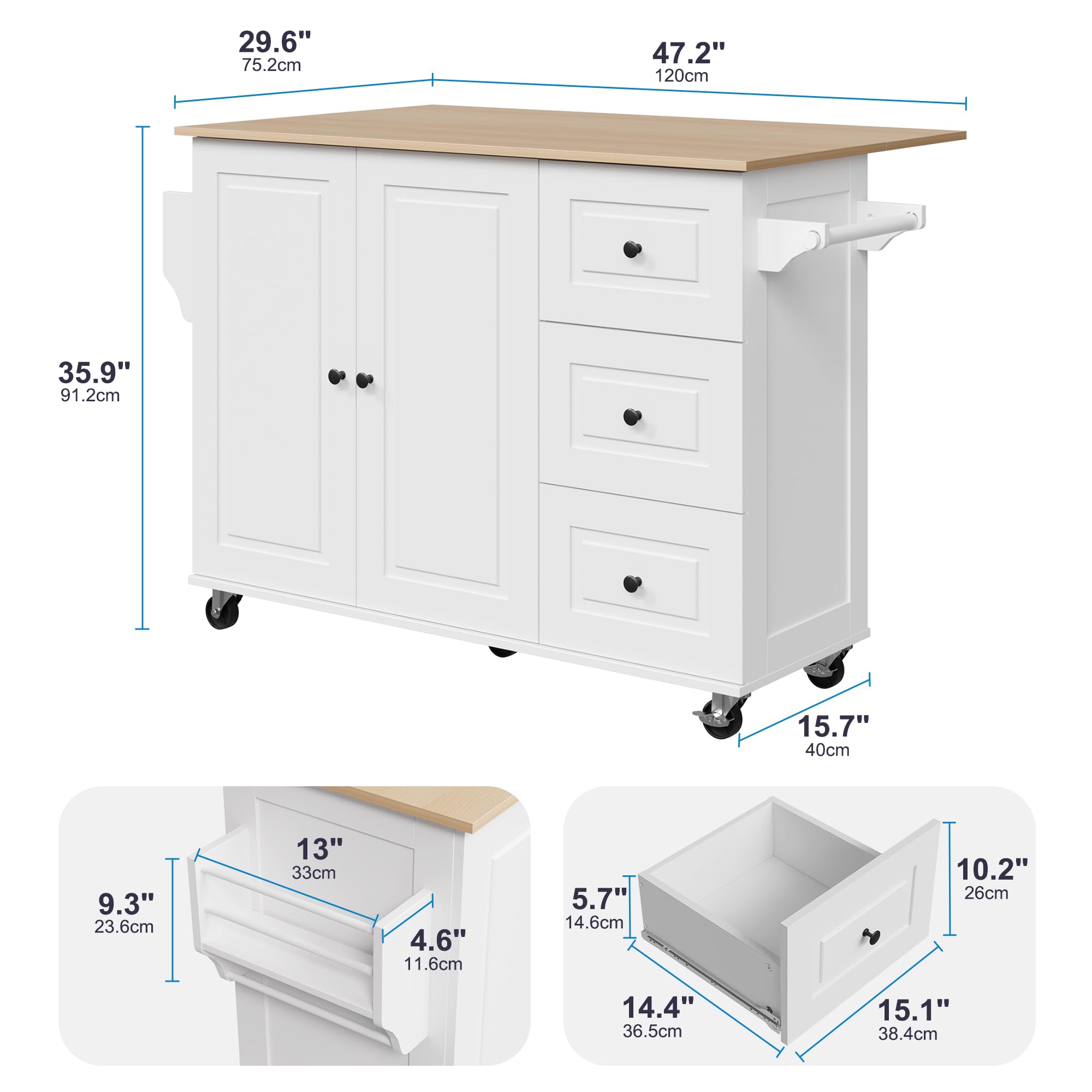 Mobile Kitchen Island with Drop Leaf and Storage