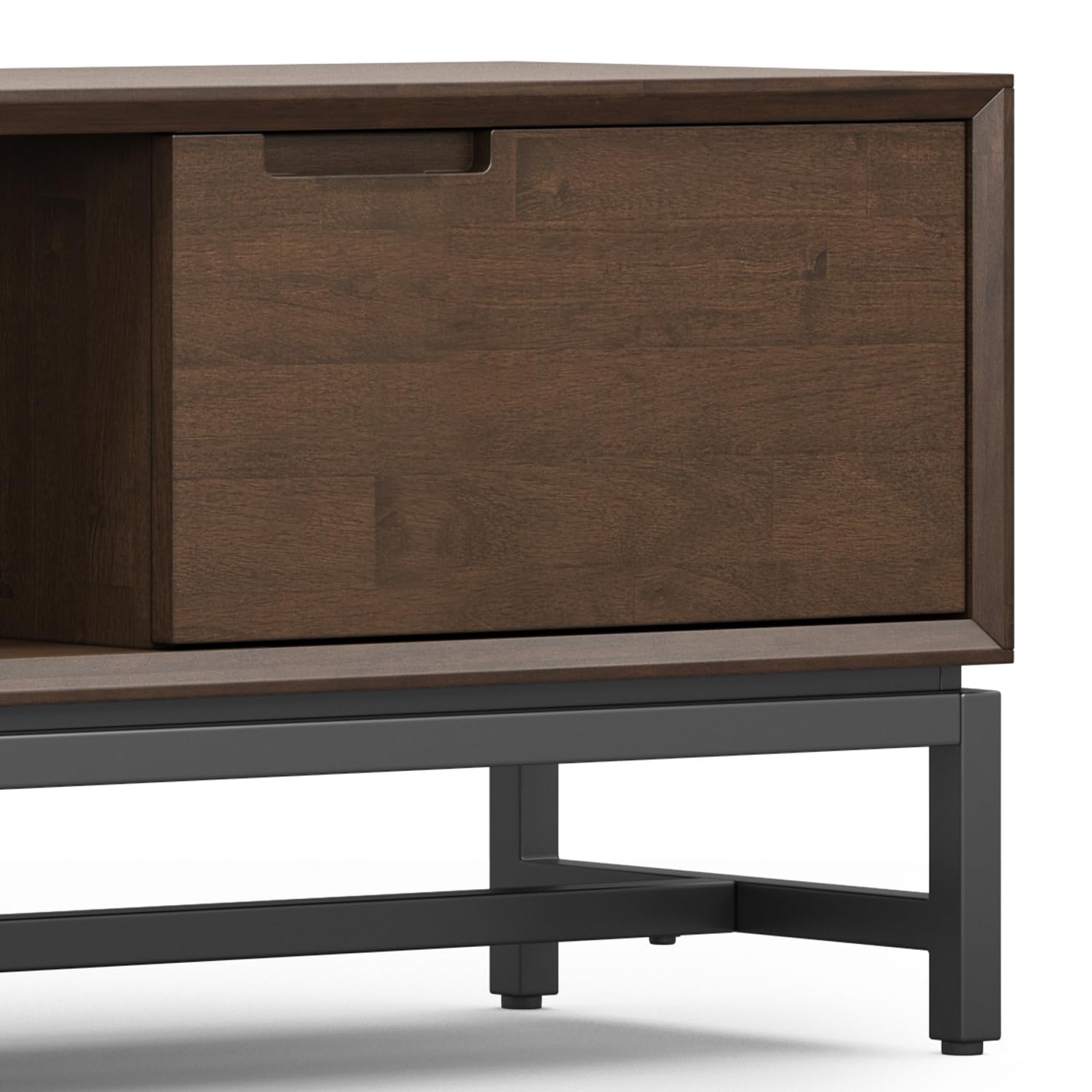 SIMPLIHOME Banting TV Stand - 72 inch Wide Solid Wood Low Media Console in Walnut Brown, Modern Industrial Entertainment Center for Living Room for TVs up to 80 Inches with Open Shelf and Metal Base