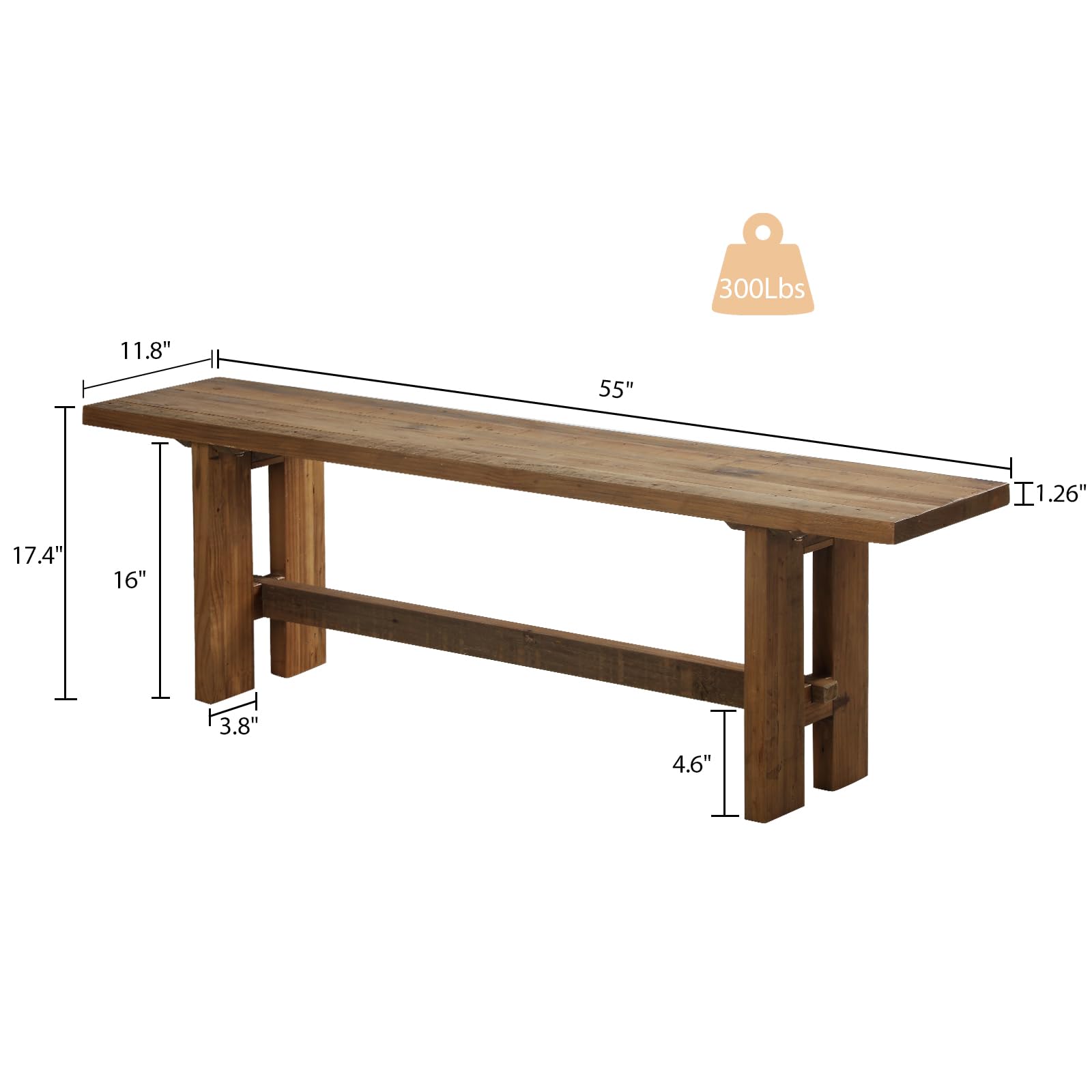 Reclaimed Solid Wood Bench 55" Farmhouse Entryway