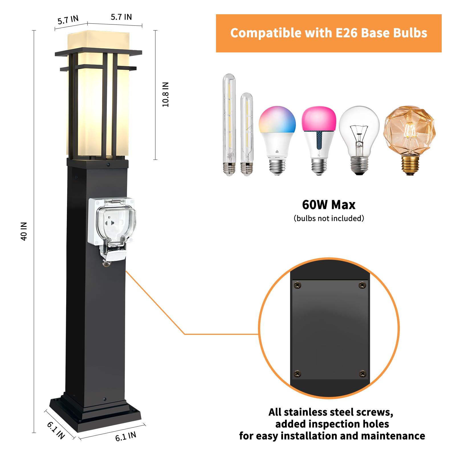 Outdoor Lamp Post with Outlet 40" Waterproof