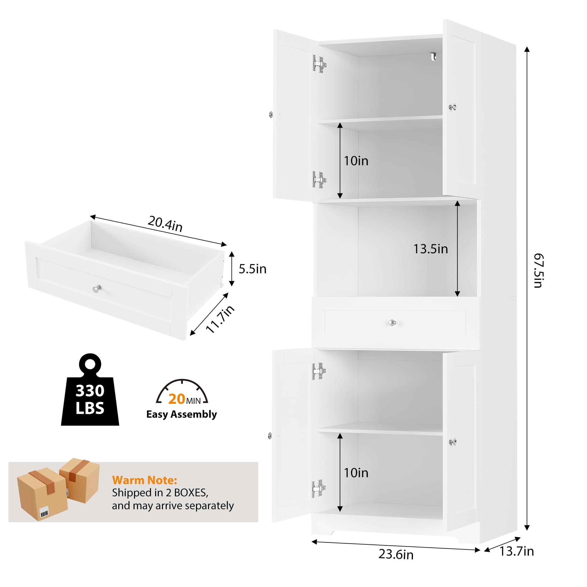 Tall Kitchen Pantry Cabinet with Doors and Drawers