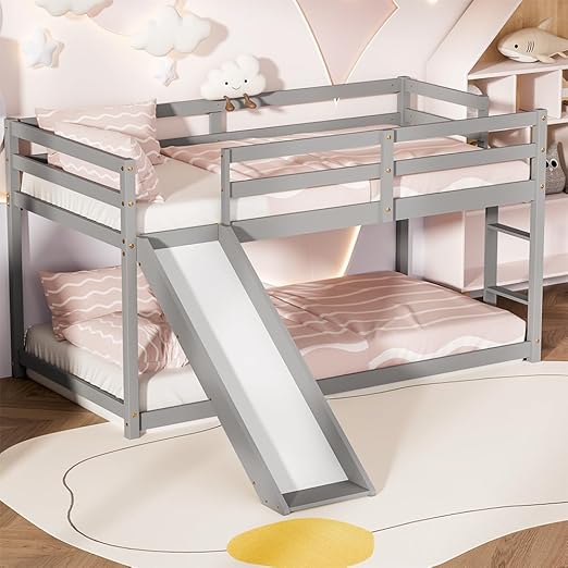 Twin Low Loft Bed with Slide and Ladder