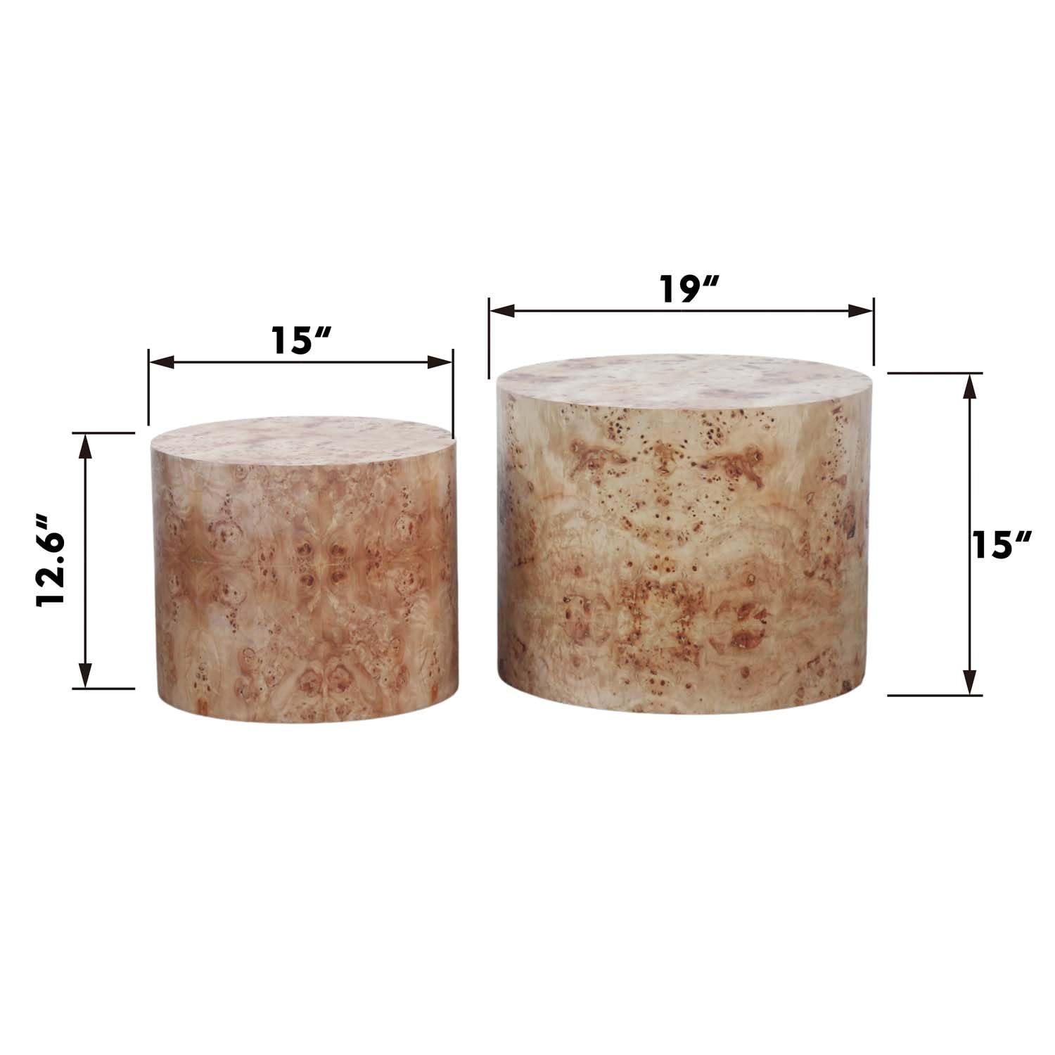 Nesting Coffee Table Set of 2, Modern Round Coffee Table and End Table Set, Natural Burl Center Table Circle Side Table for Living Room Bedroom Office