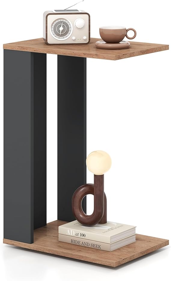 Rolling C-Shaped End Table Set of 2 with Wheels and Storage Shelf