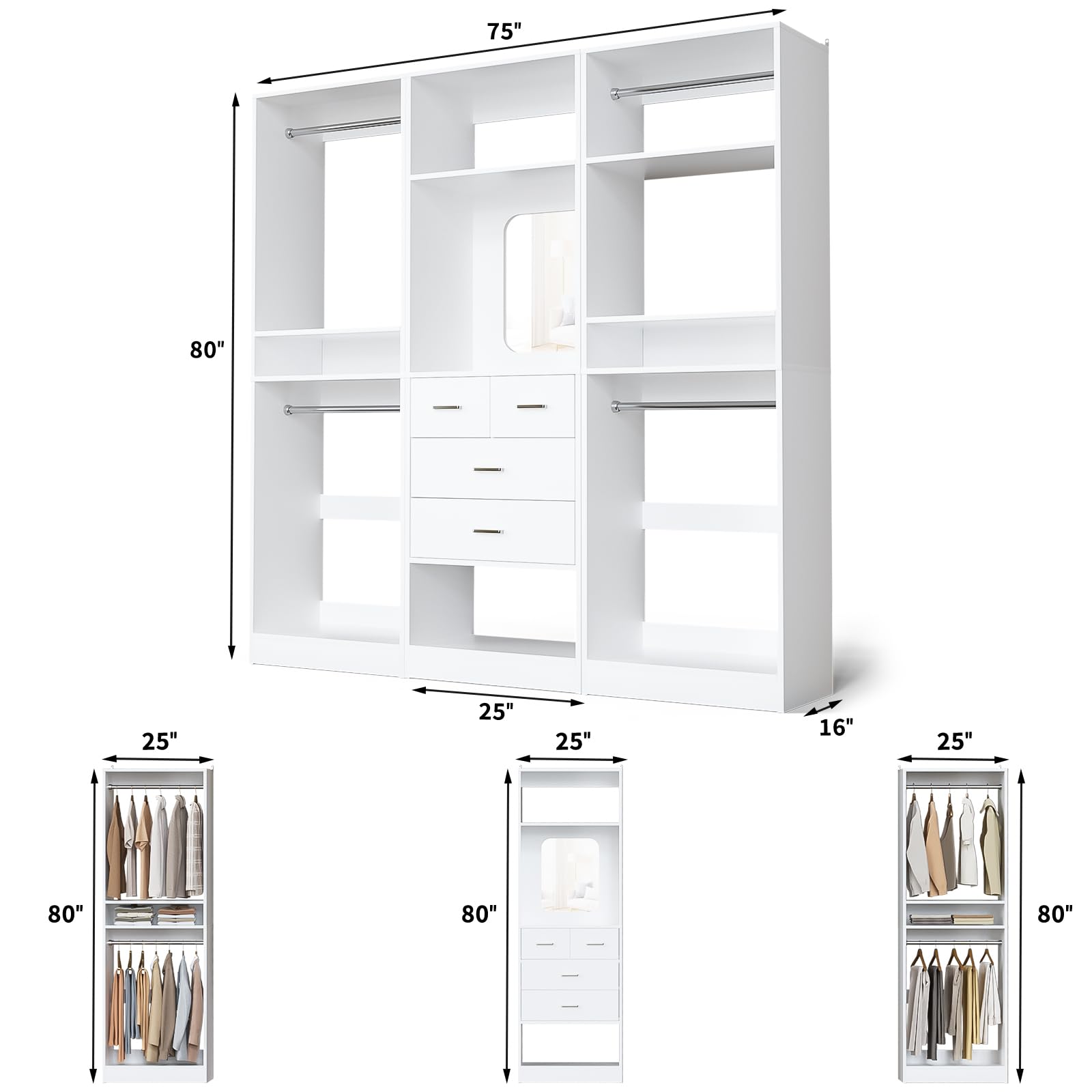 75 Inch Closet System with Mirror and Drawers