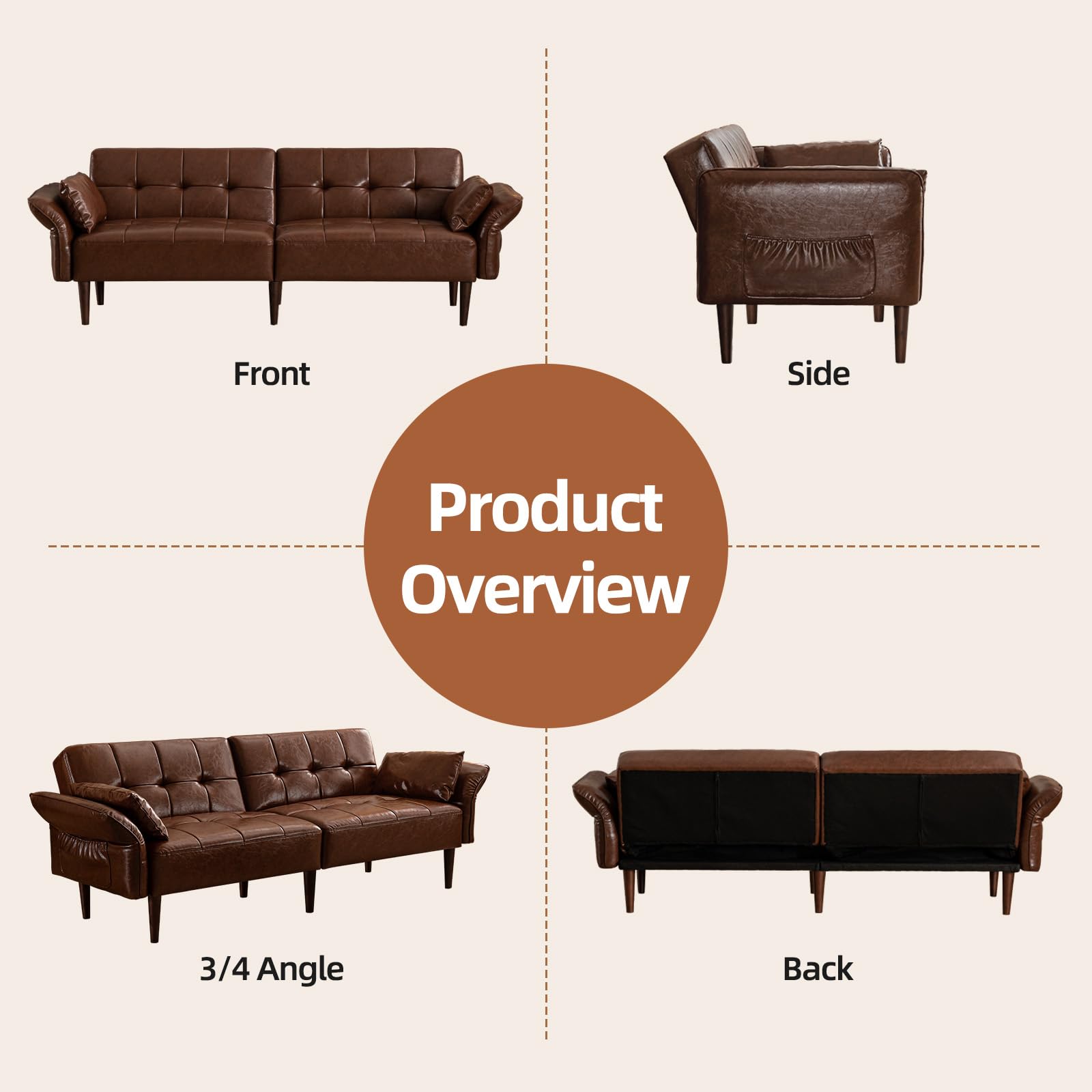 Convertible Futon Sofa Bed with Adjustable Armrests