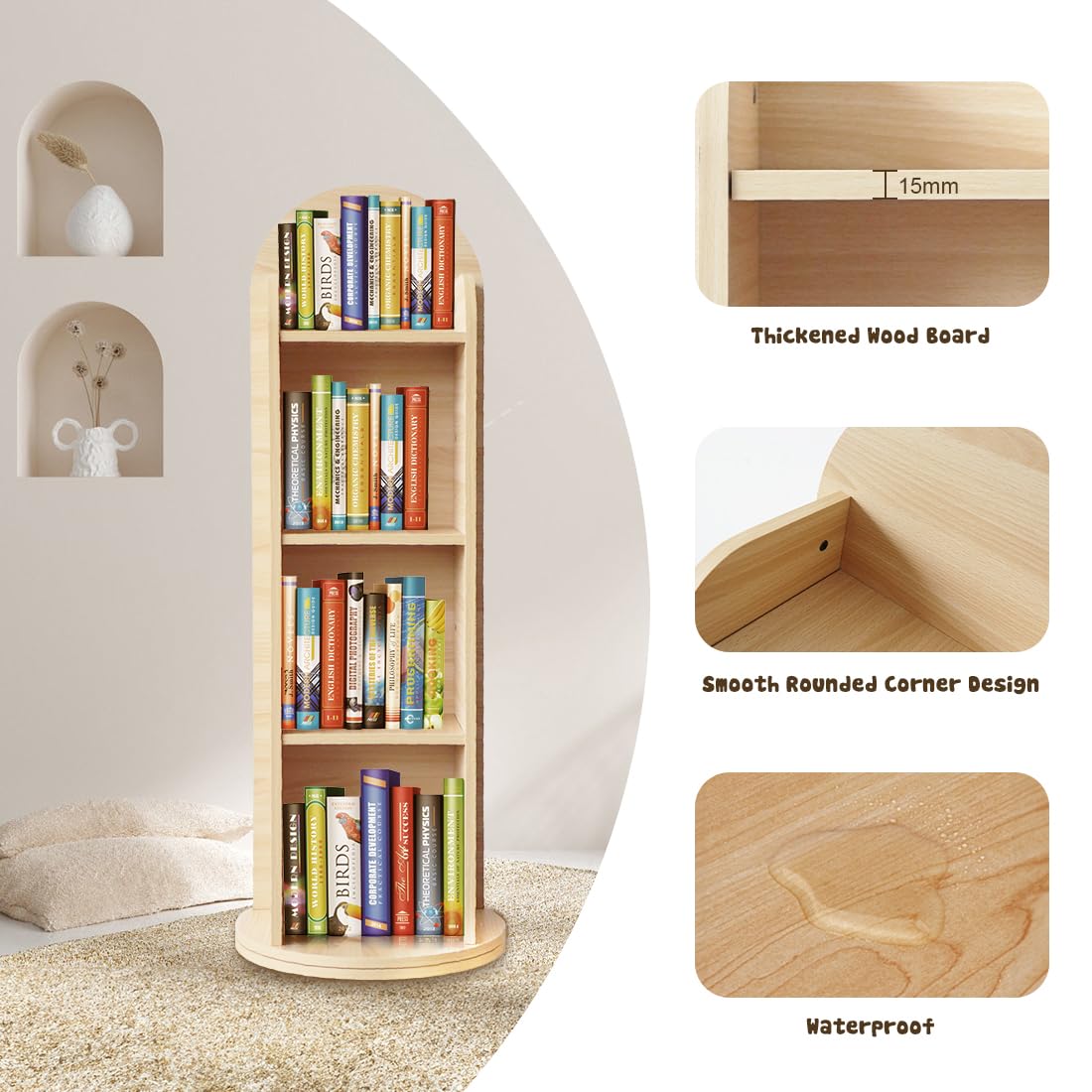 Kids Rotating Bookshelf with Mirror 48 Inch Wood Floor Standing