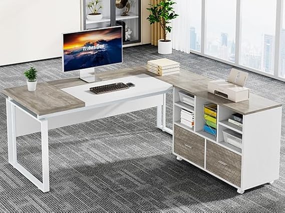L-Shaped Executive Desk with Reversible File Cabinet 63 Inch