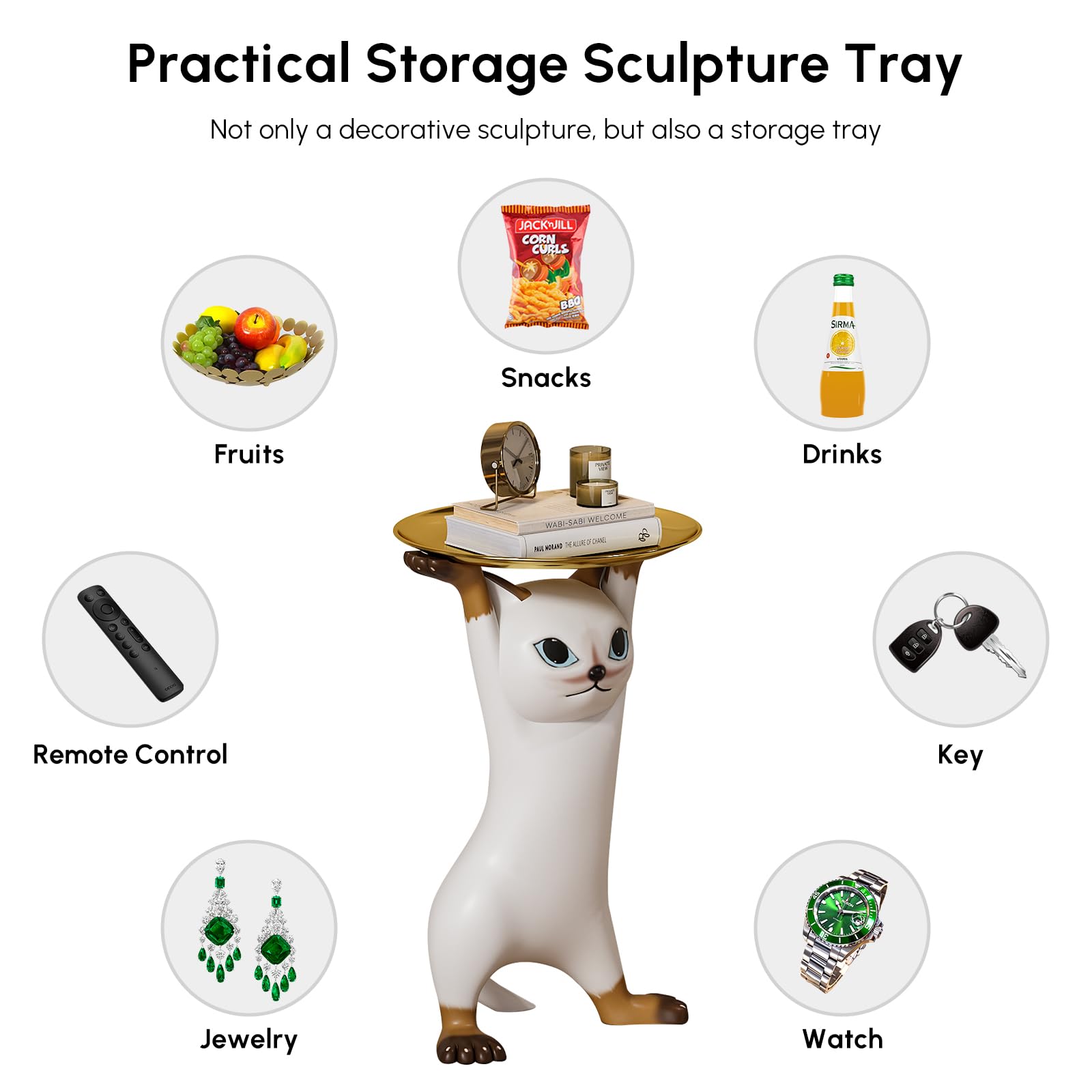 Whimsical Cat Statue Side Table with Gold Tray