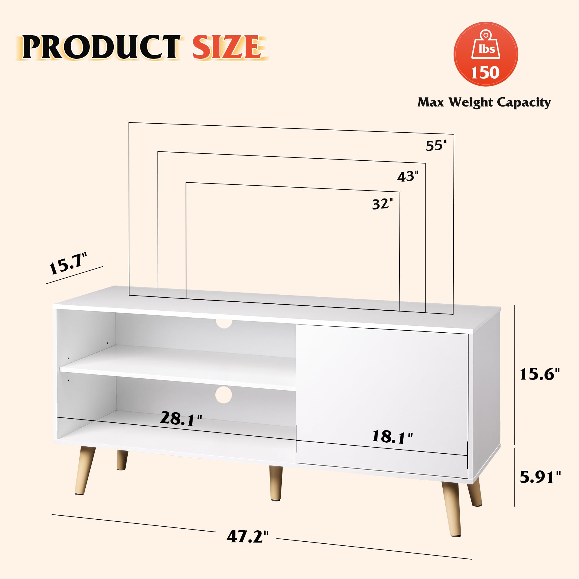 Mid-Century TV Stand with Storage Cabinet White 47 Inch