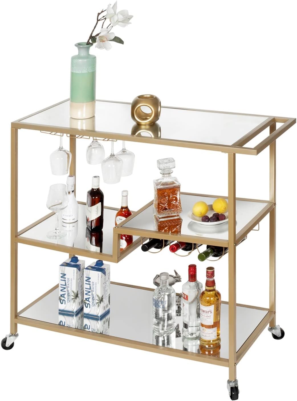 Gold Mirror Rolling Bar Cart with Wine Holders