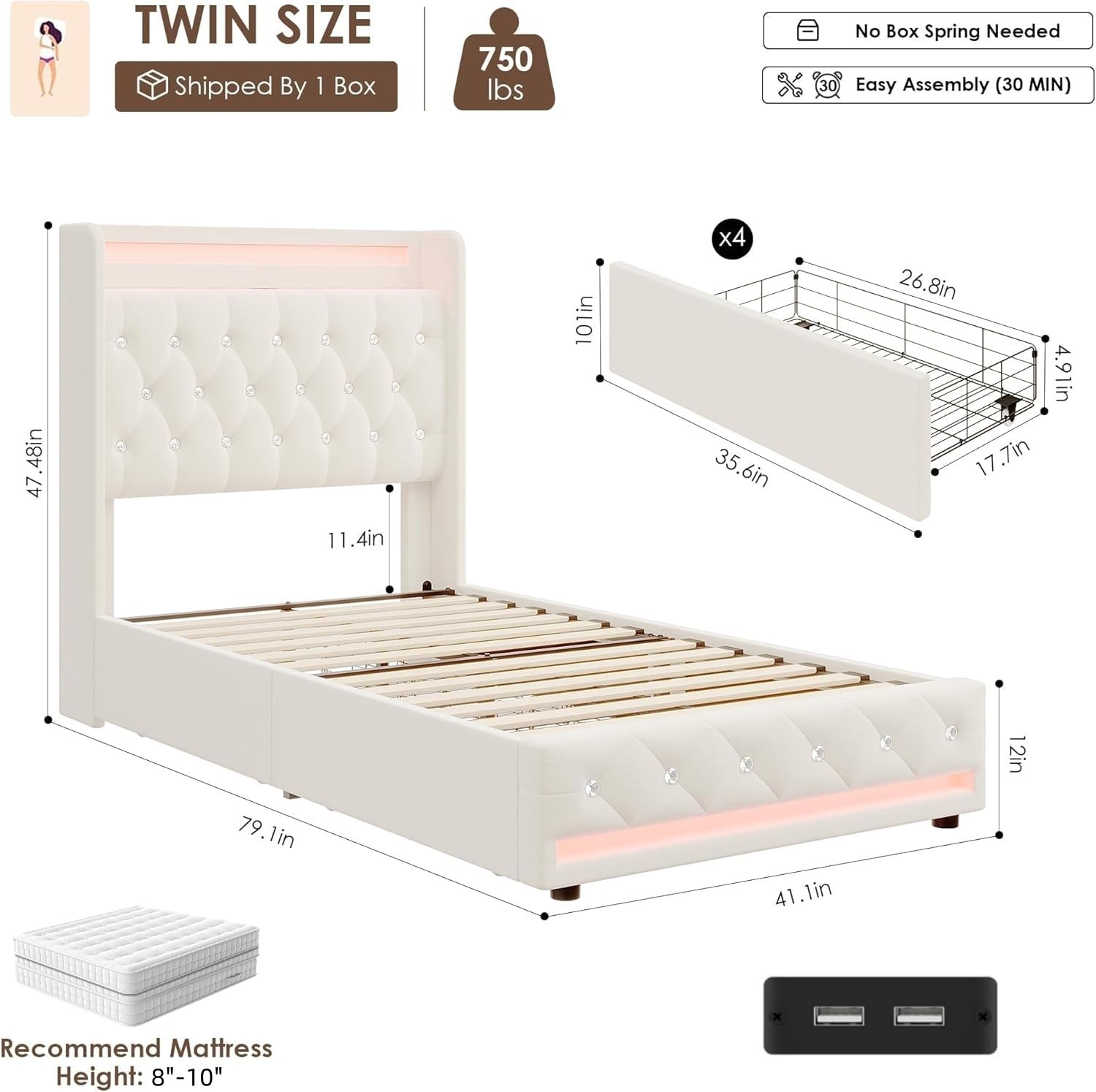 Twin LED Bed Frame with Charging Station & Storage Drawers