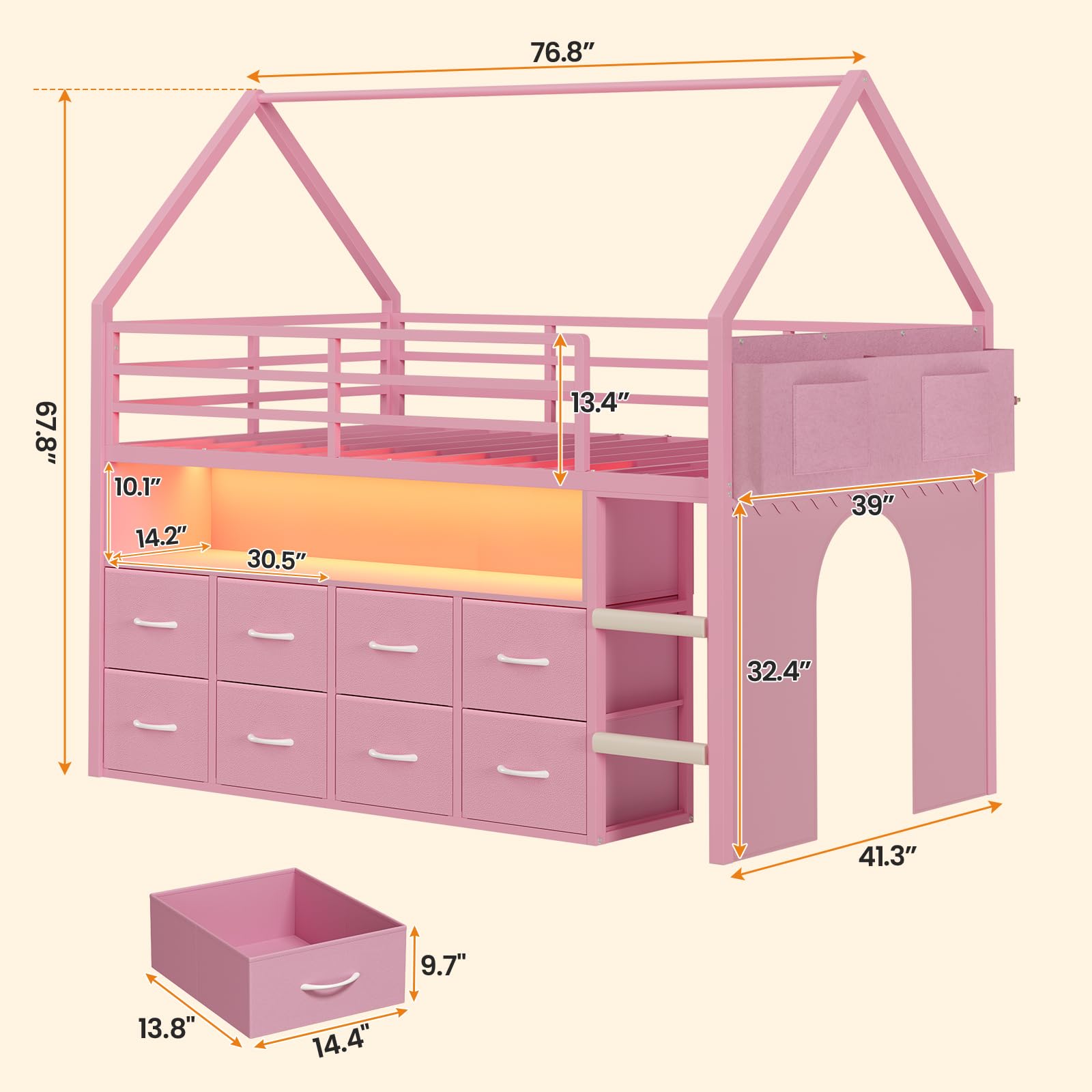 BTHFST Twin Size Loft Bed for Kids, 8 Storage Drawers & LED Lights, House Shaped Metal Bed with Bookcase, Soft Foam Ladder, 13.4" Safety Guardrail, Space Saving, Fun Curtain
