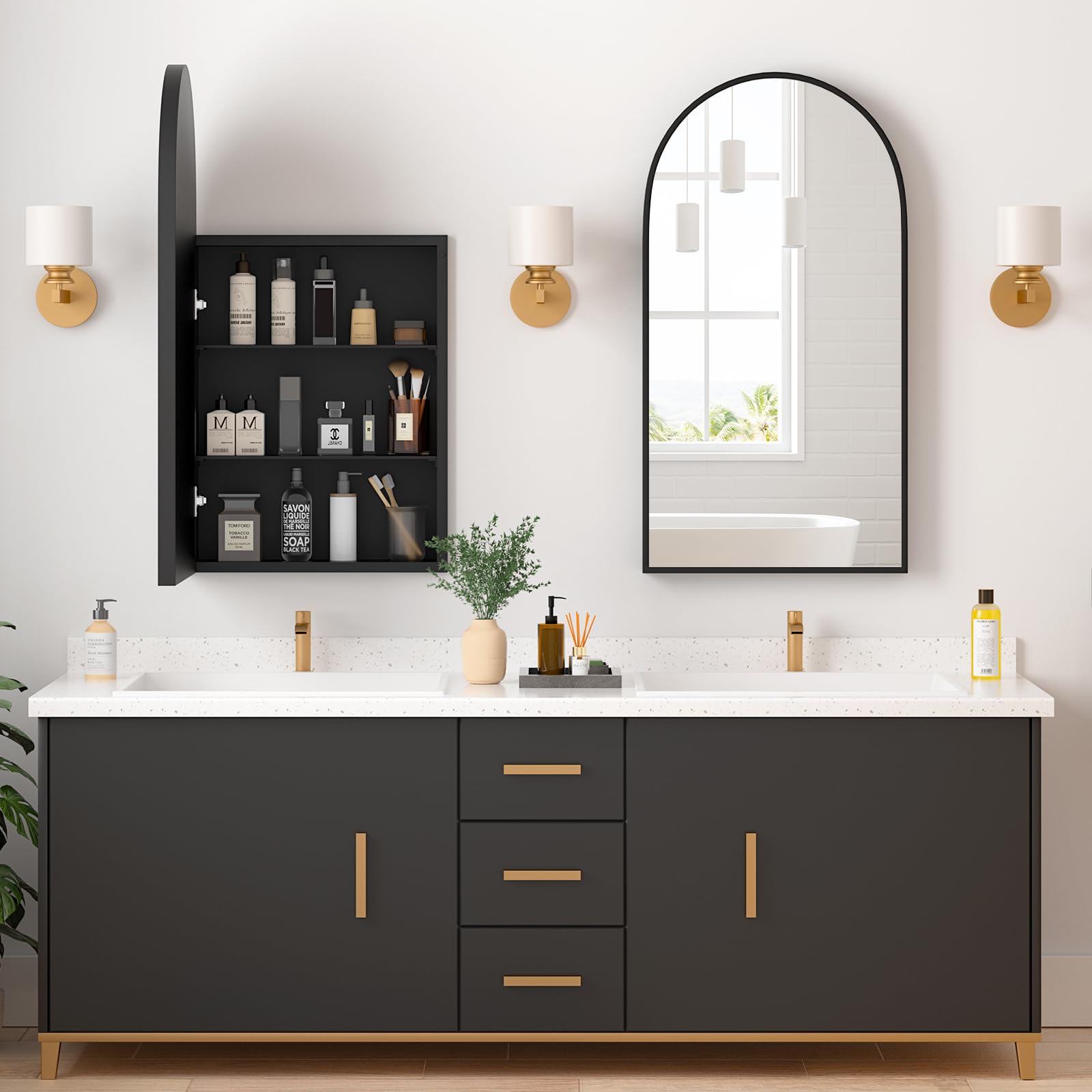 Black Arched Medicine Cabinet with Adjustable Shelves