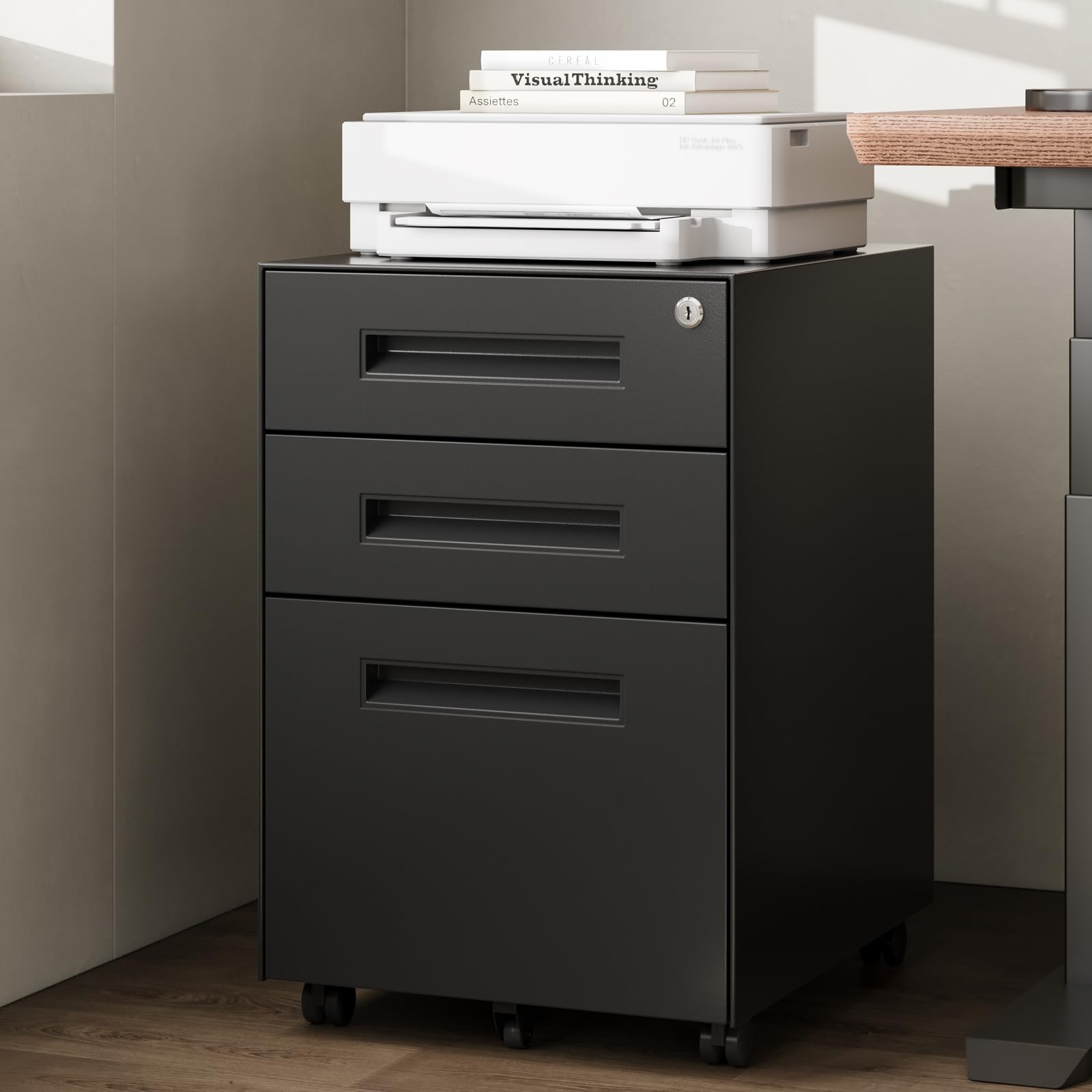 3 Drawer Mobile File Cabinet with Lock on Wheels