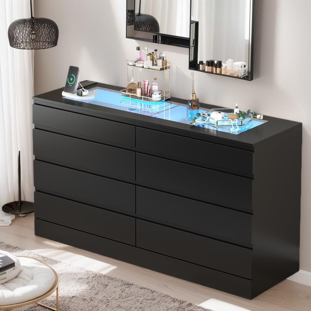 8 Drawer Dresser with Glass Top and Power Outlet