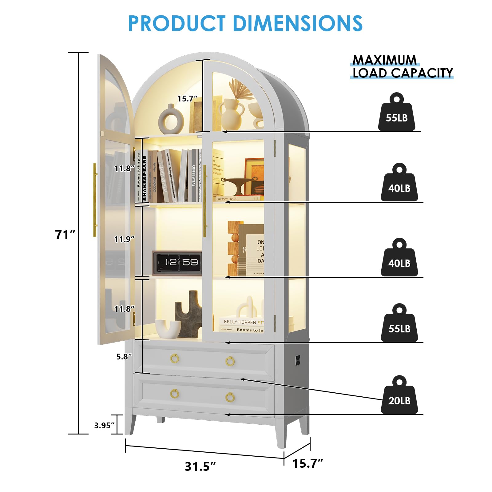 Arched Glass Display Cabinet with LED Lighting