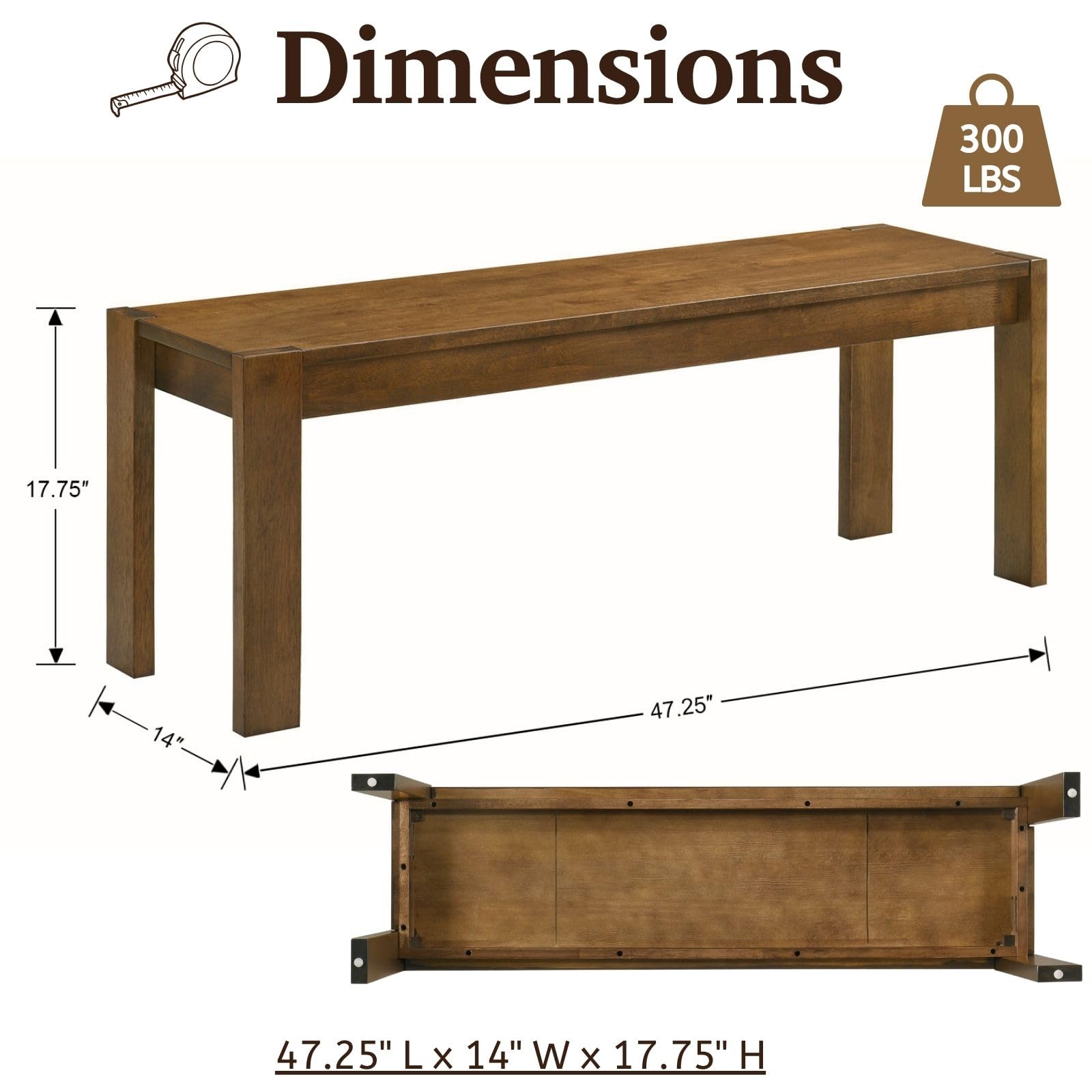 Solid Wood Dining Bench 47.25" Walnut Farmhouse Entryway Bench