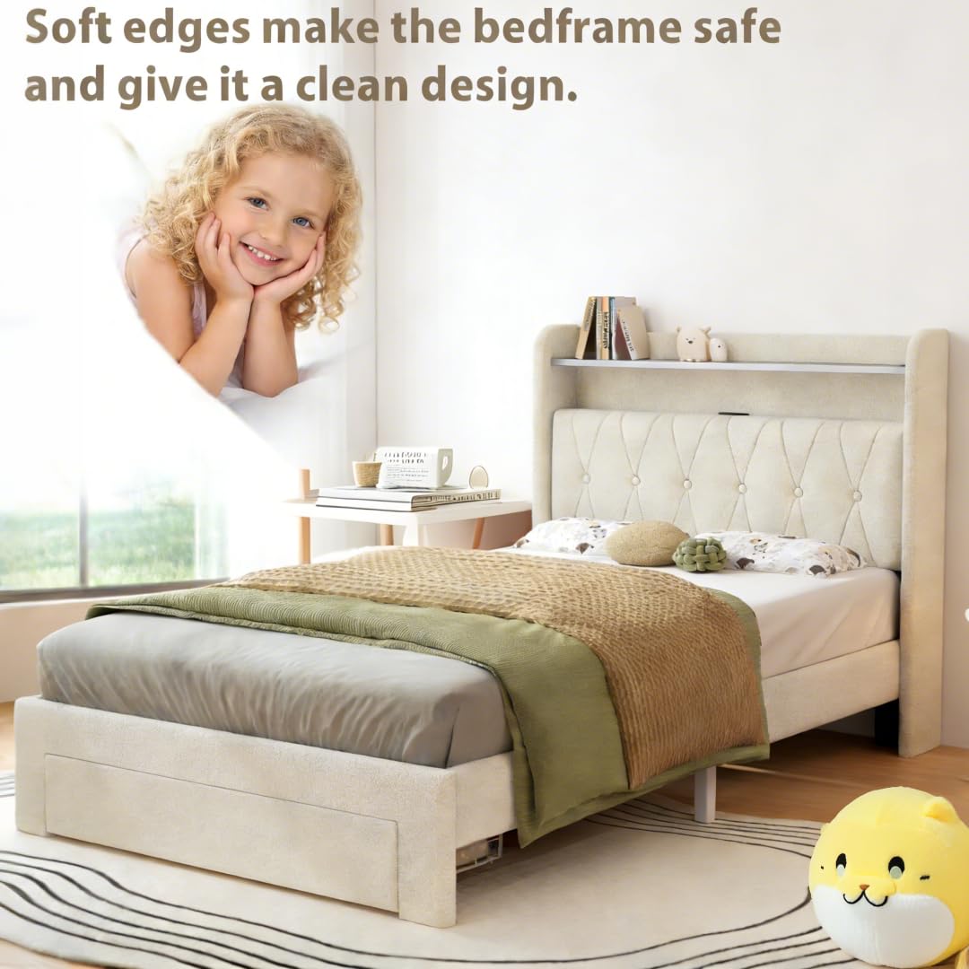 Twin Upholstered Platform Bed with LED Lights