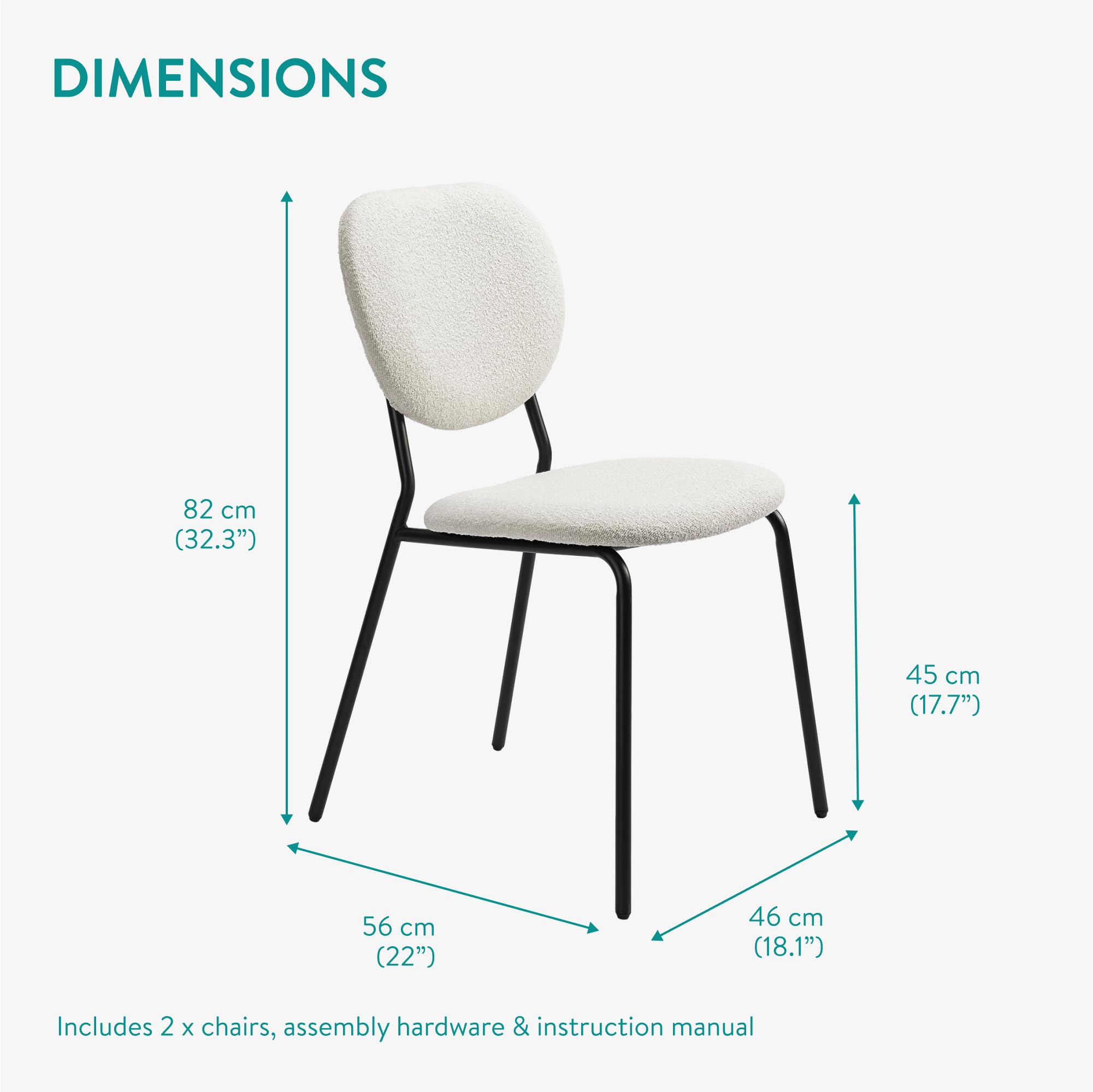 Boucle Dining Chairs Set of 2 - Modern Upholstered with Metal Legs