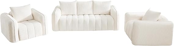 Modern Corduroy Living Room Set - Loveseat with 2 Single Chairs