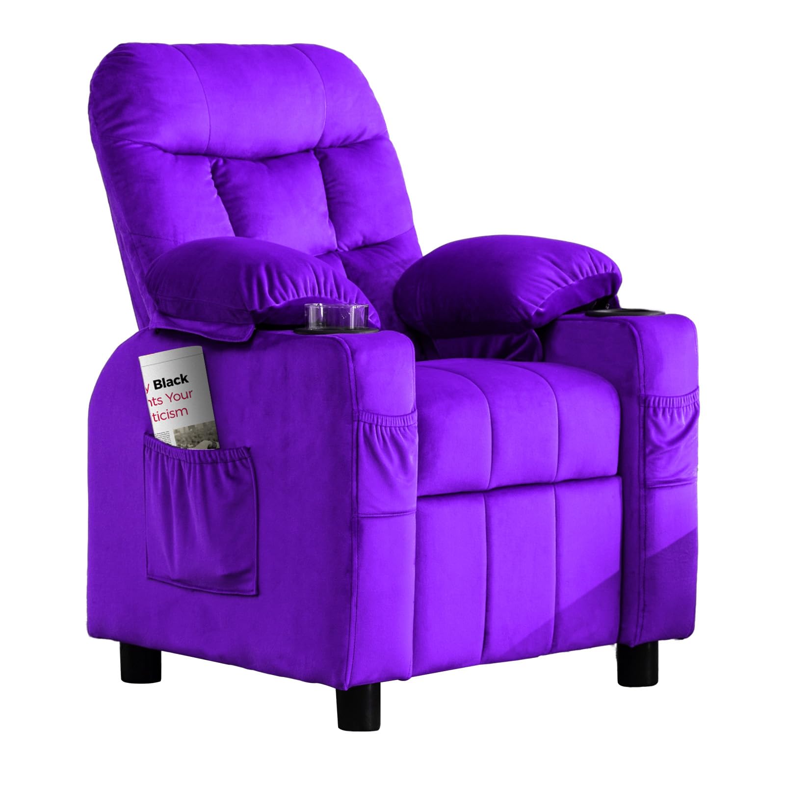Kids Recliner, Toddlers Kids Recliner Chair with Cup Holder, Ergonomic Adjustable Velvet Lounge Chair with Footrest & Side Pockets, Toddlers Baby Sofa for Boys Girls Bedroom (Purple)