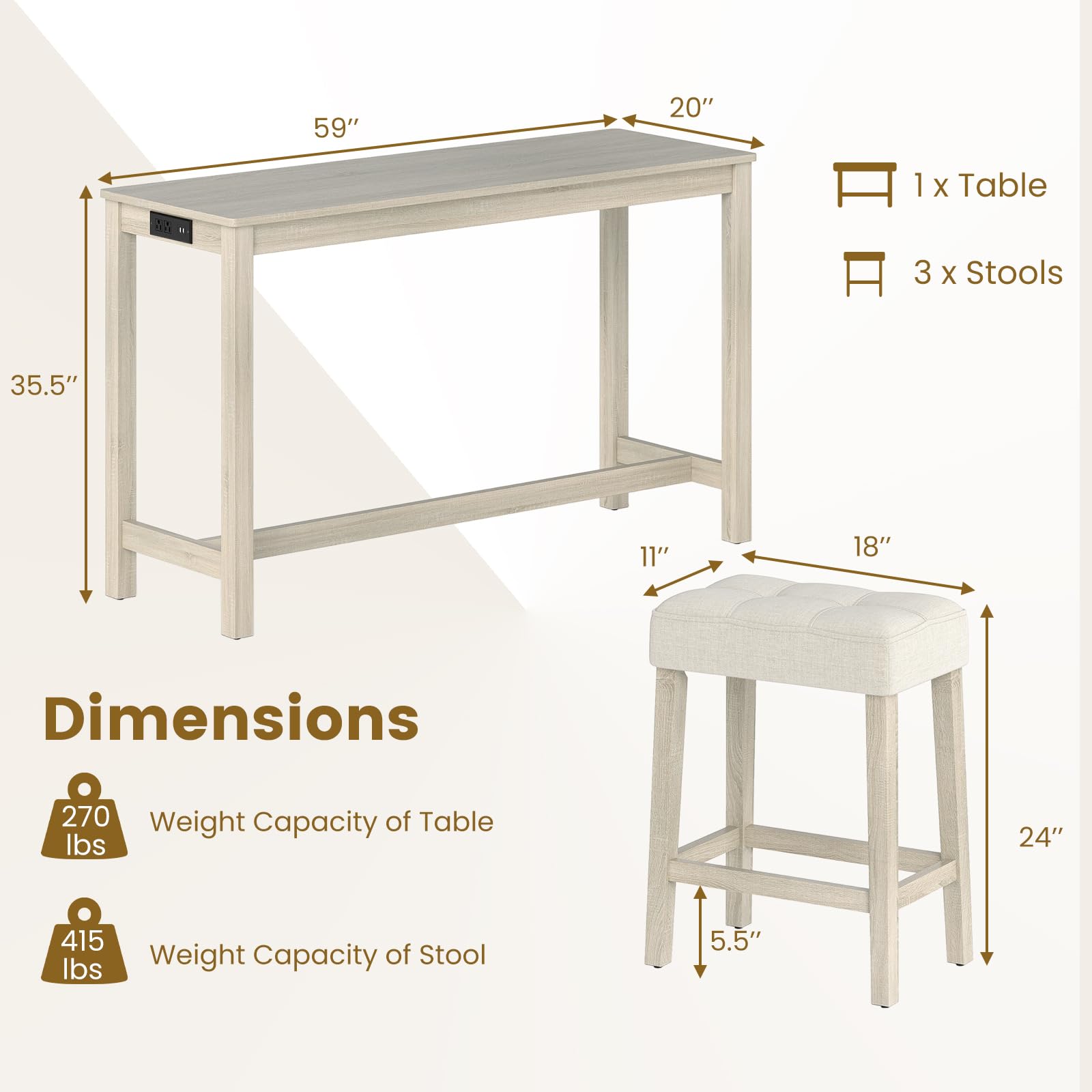 4-Piece Counter Height Dining Set with Charging Station