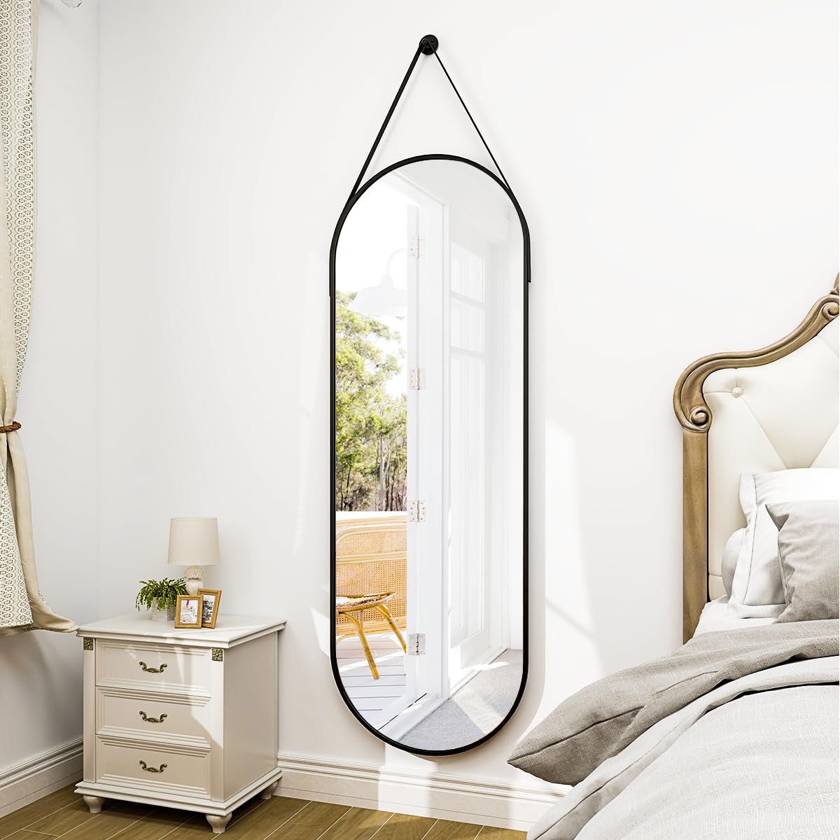 Full Length Oval Wall Mirror 16x48 with Leather Hanging Strap