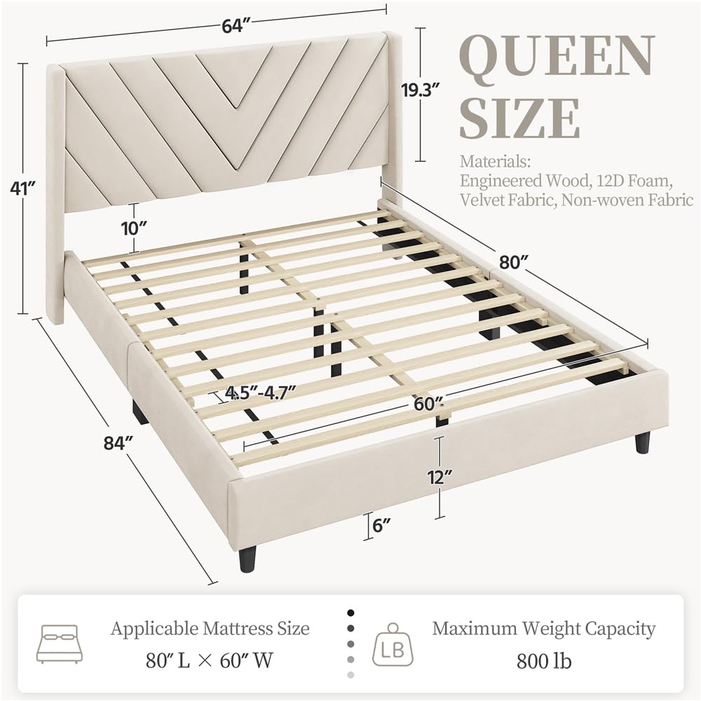 Queen Upholstered Platform Bed Frame with Tufted Wingback Headboard