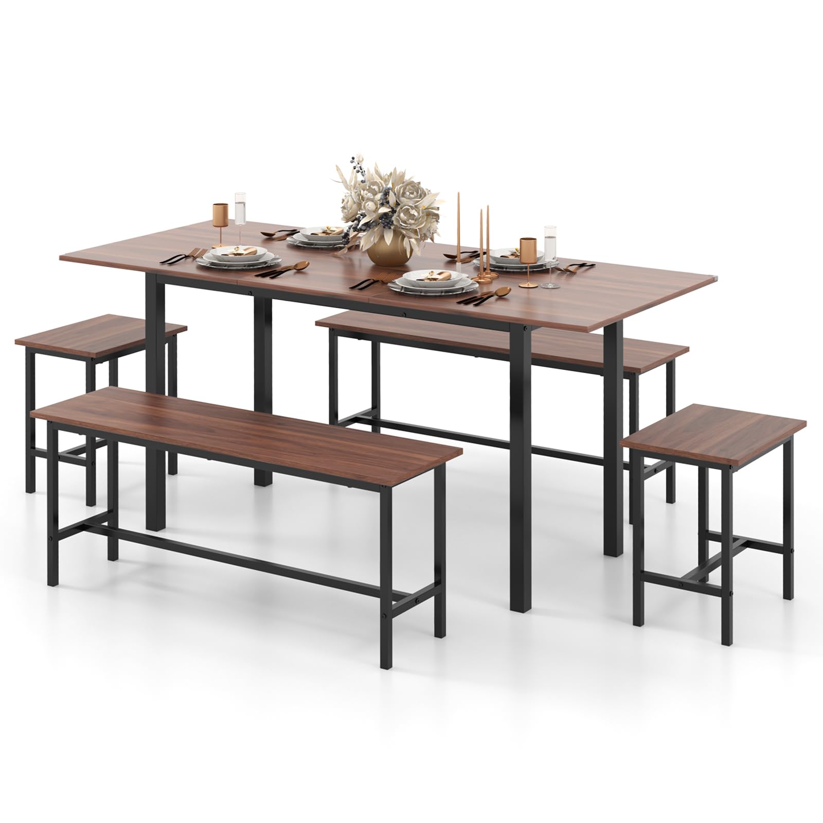 5-Piece Extendable Dining Table Set with Benches and Stools