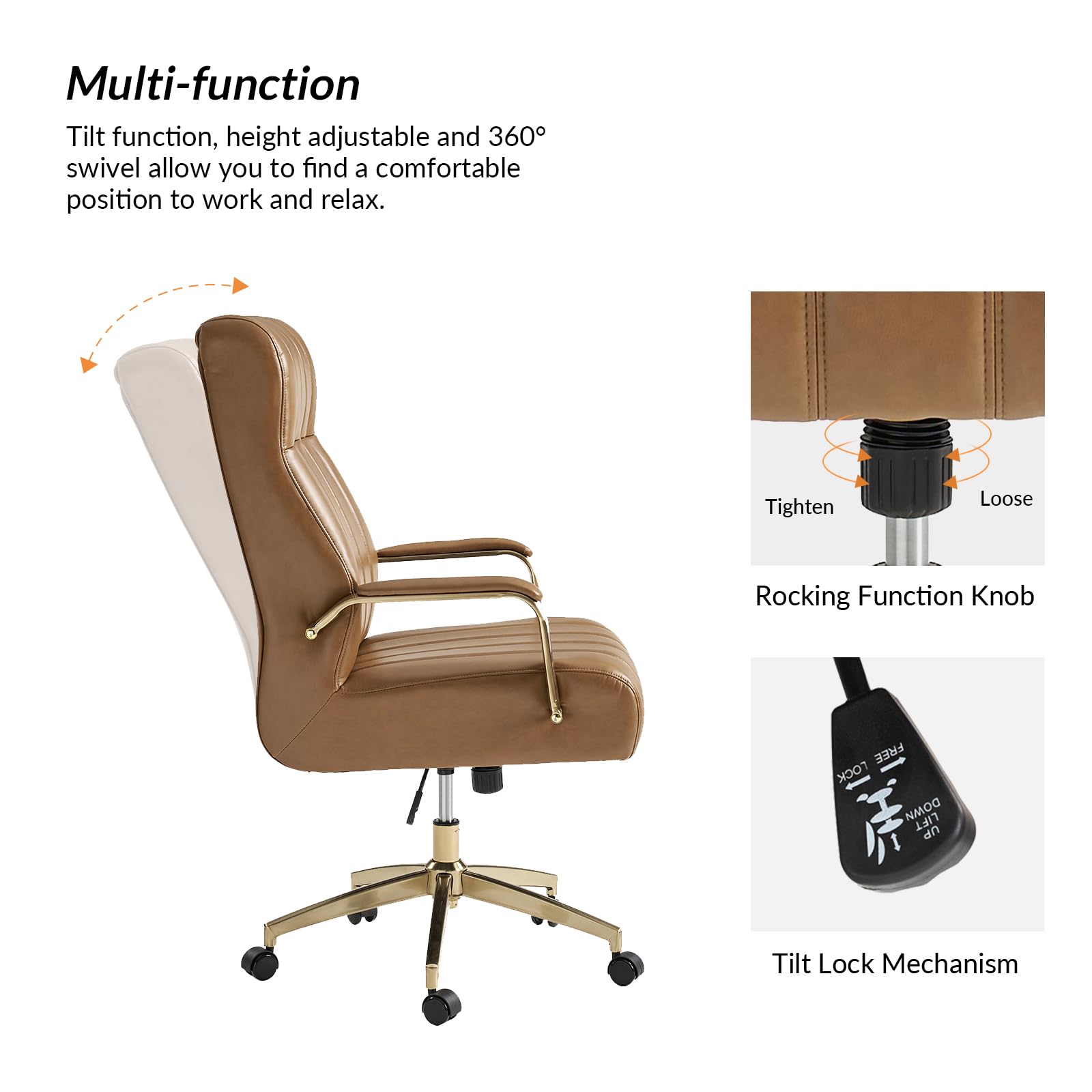 Executive Office Chair with Tufted Faux Leather and Gold Base