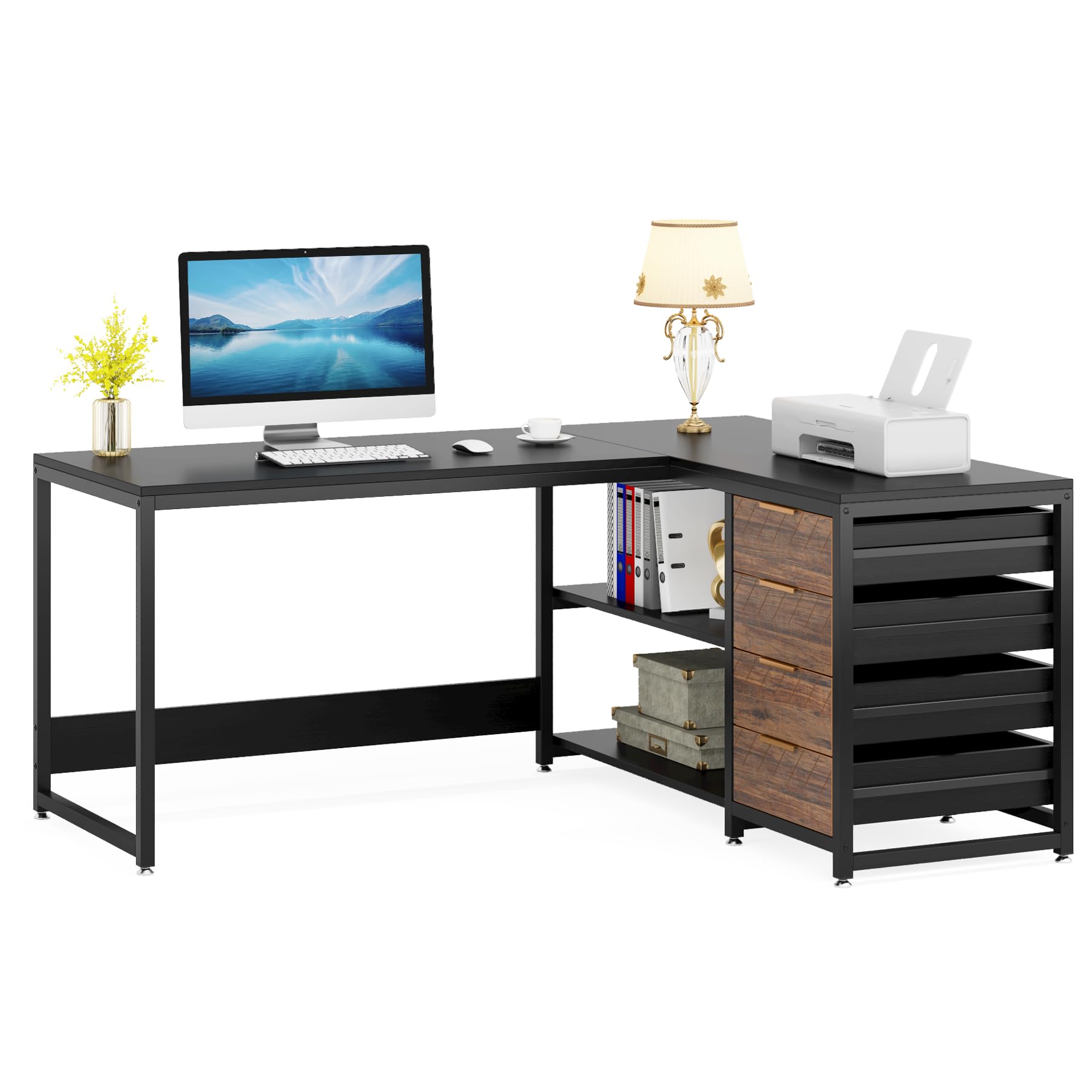 L-Shaped Computer Desk with Storage Drawers 59 Inch