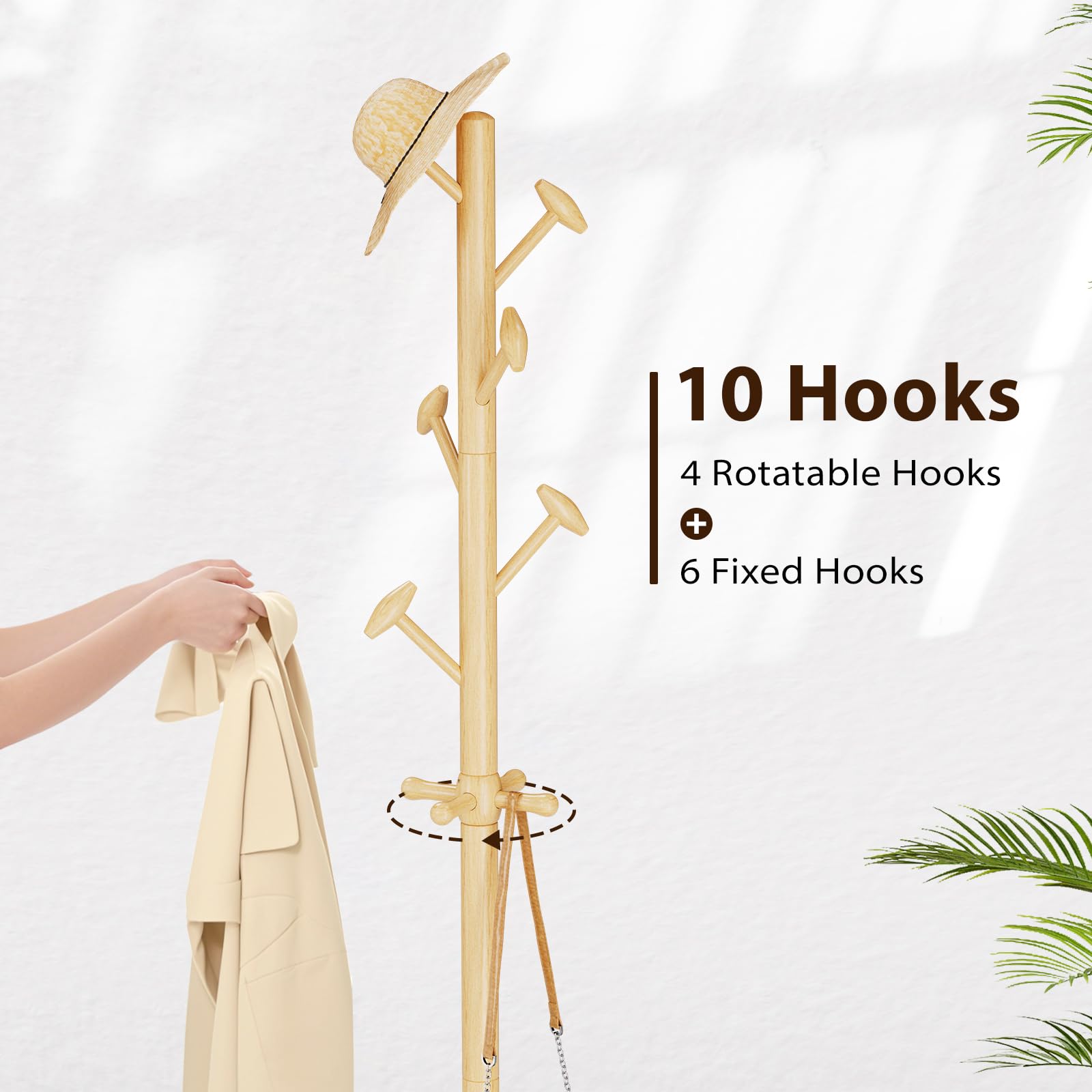 Solid Wood Coat Rack with 10 Hooks