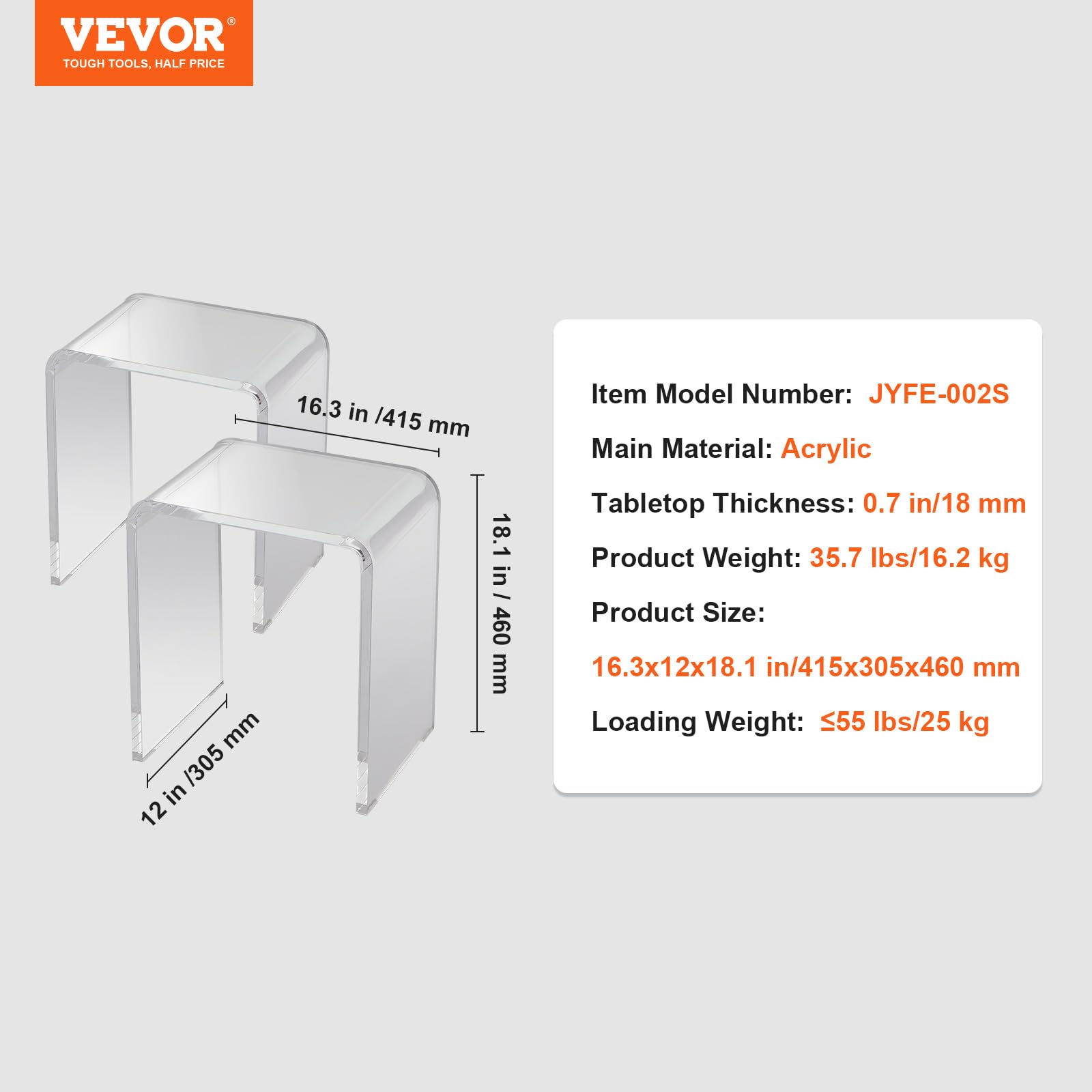 Acrylic Side Table Set of 2 - U-Shaped Clear End Tables with Waterfall Edges