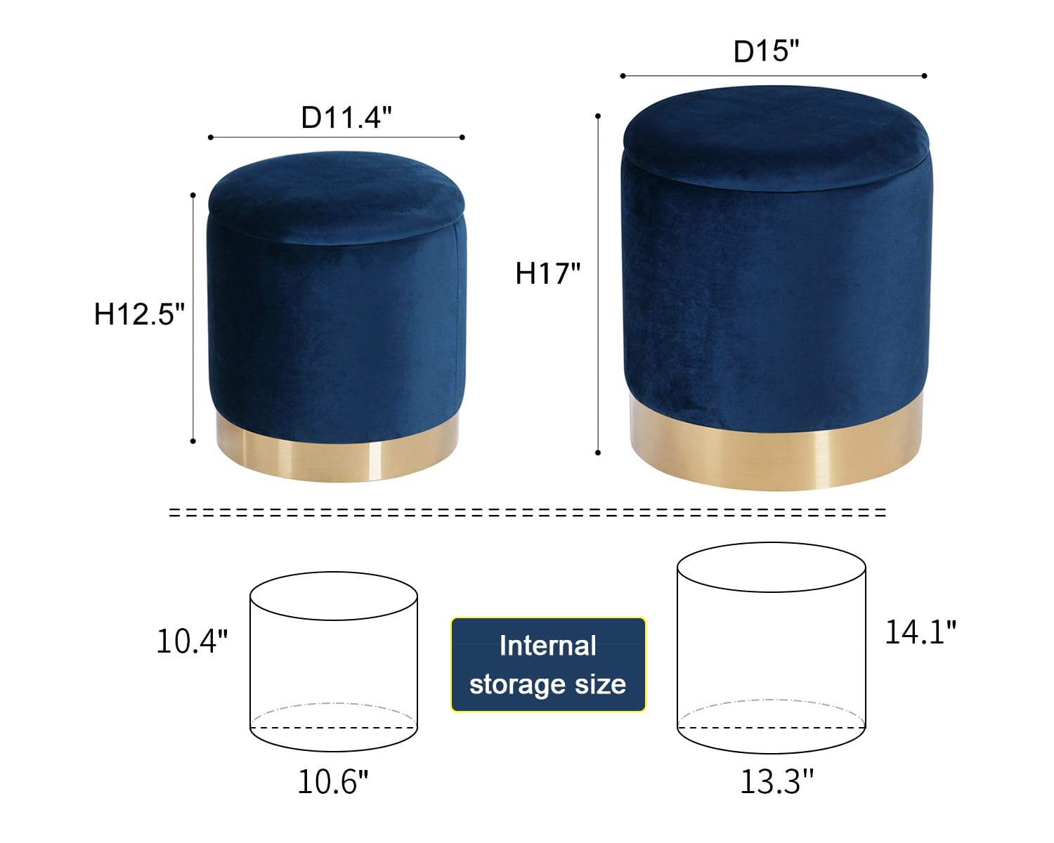 Round Velvet Nesting Storage Ottomans Set of 2 with Gold Metal Accent