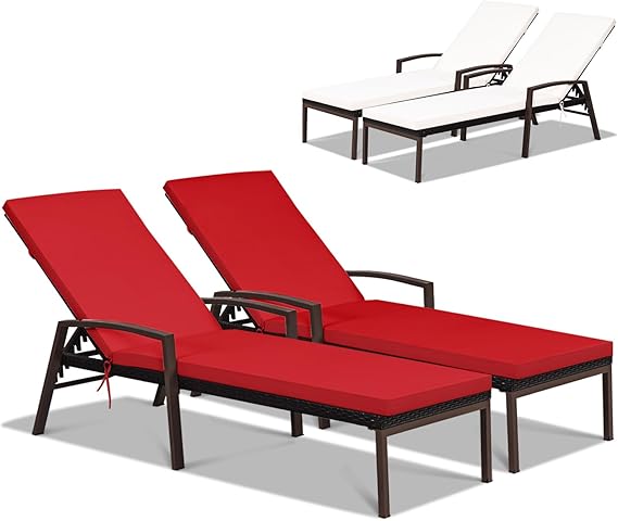 Outdoor Rattan Wicker Chaise Lounge Set of 2 with Adjustable Backrest