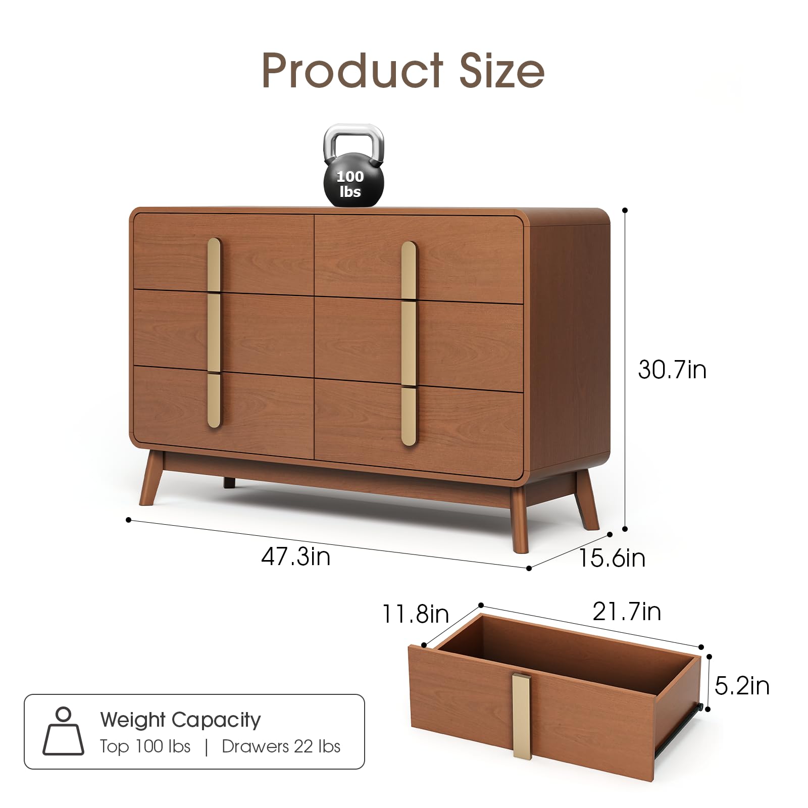 6-Drawer Mid Century Modern Dresser 47" Wide Cherry Wood