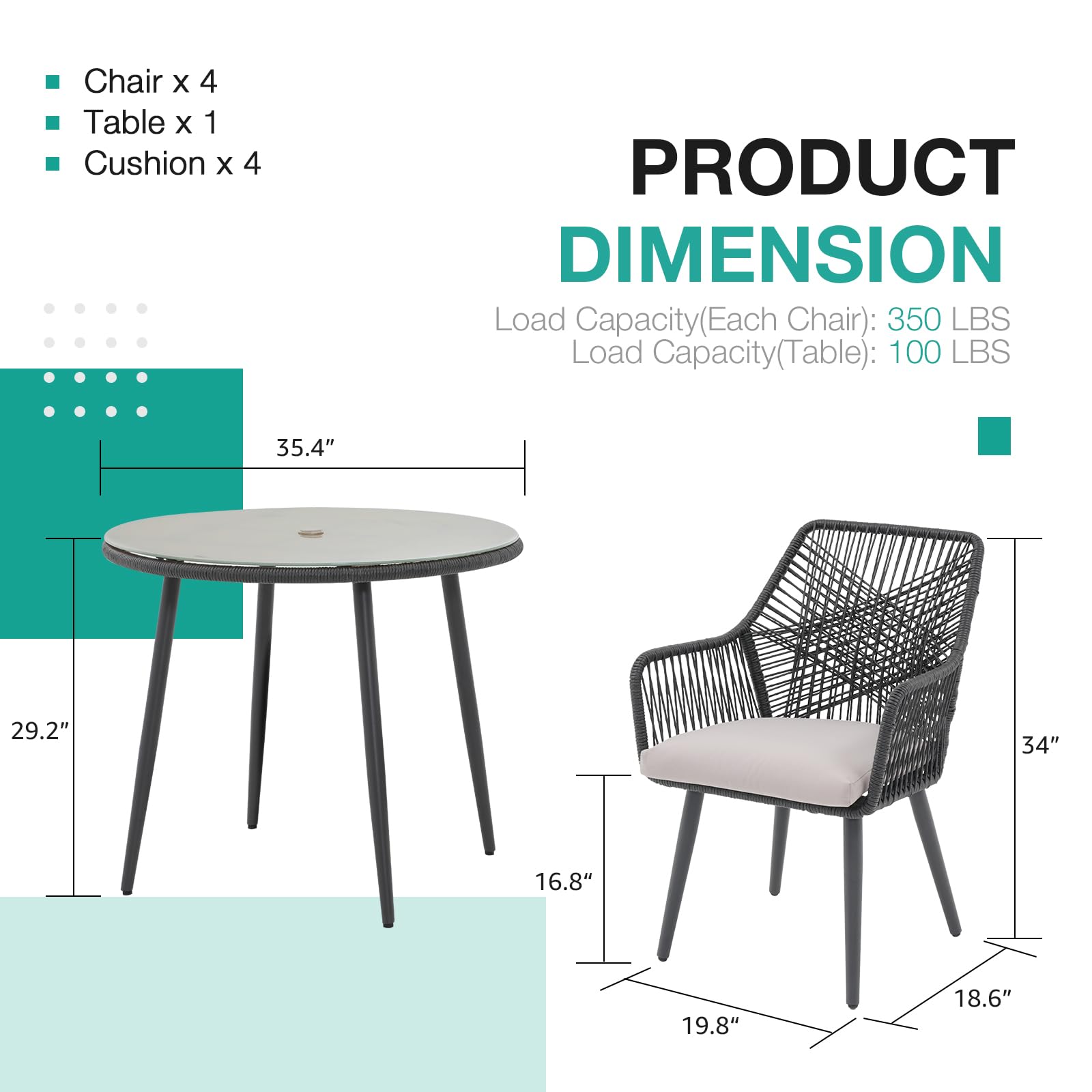 5-Piece Patio Dining Set with Cushioned Chairs