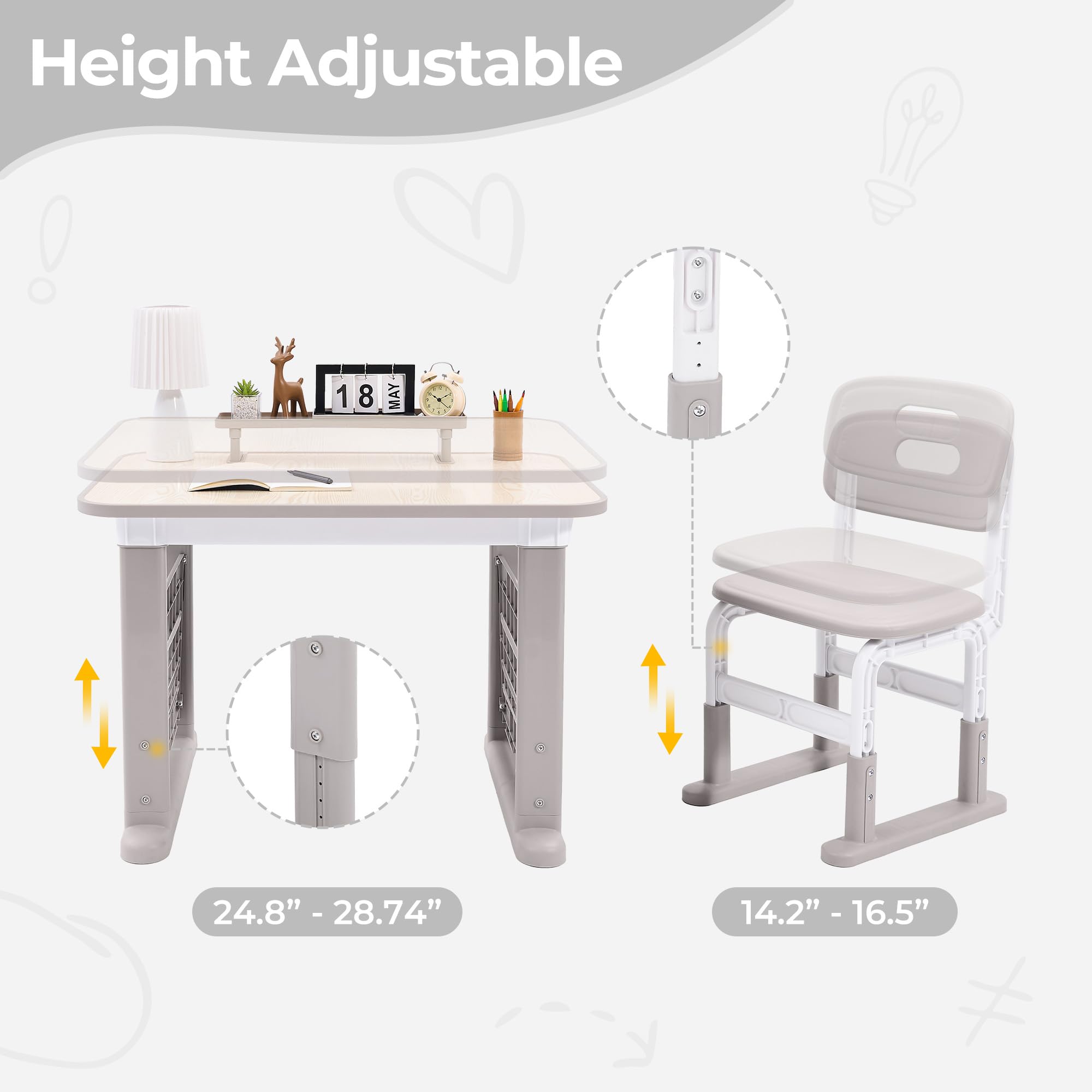 Height Adjustable Kids Desk and Chair Set with Bookshelf