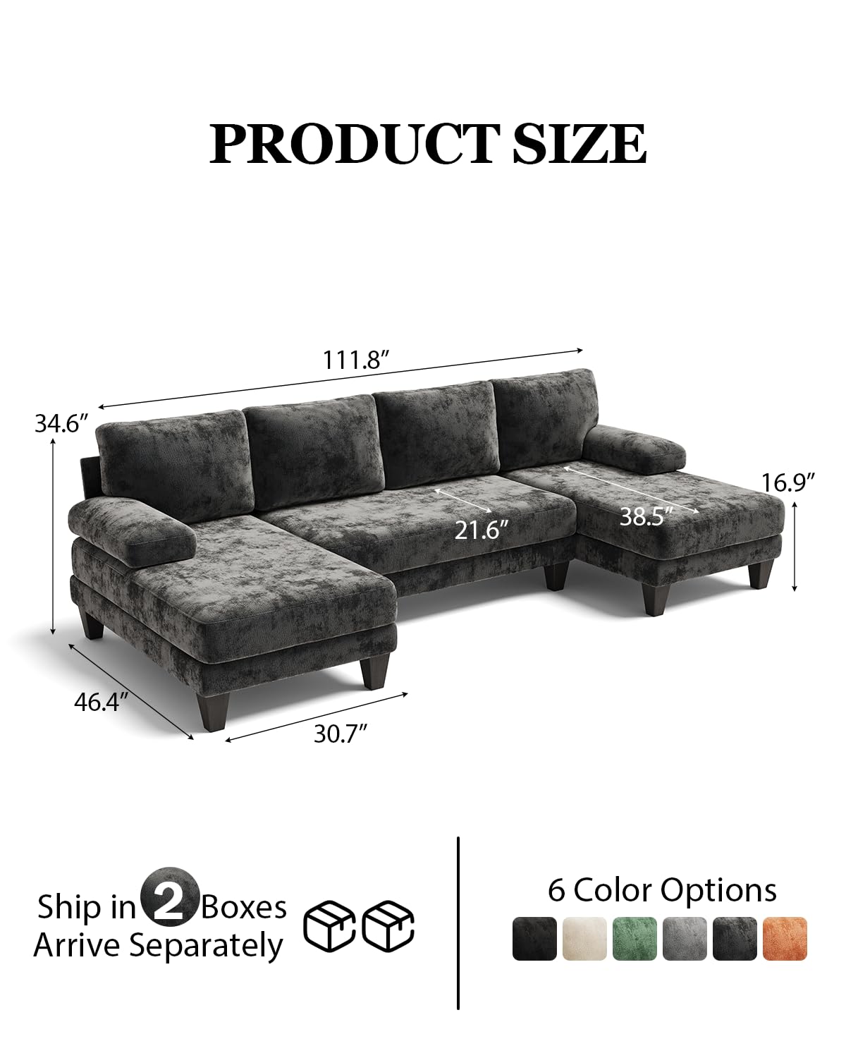 U-Shaped Sectional Couch 112 Inch Dark Grey Chenille Sofa with Double Chaise