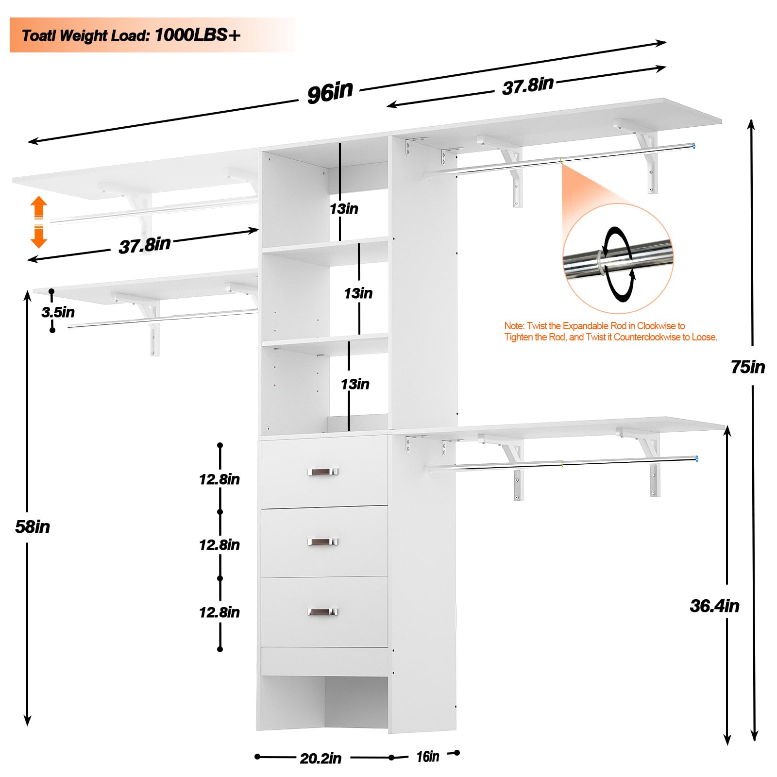 8FT Wall Mount Closet Organizer System with 3 Hanging Rods and Drawers