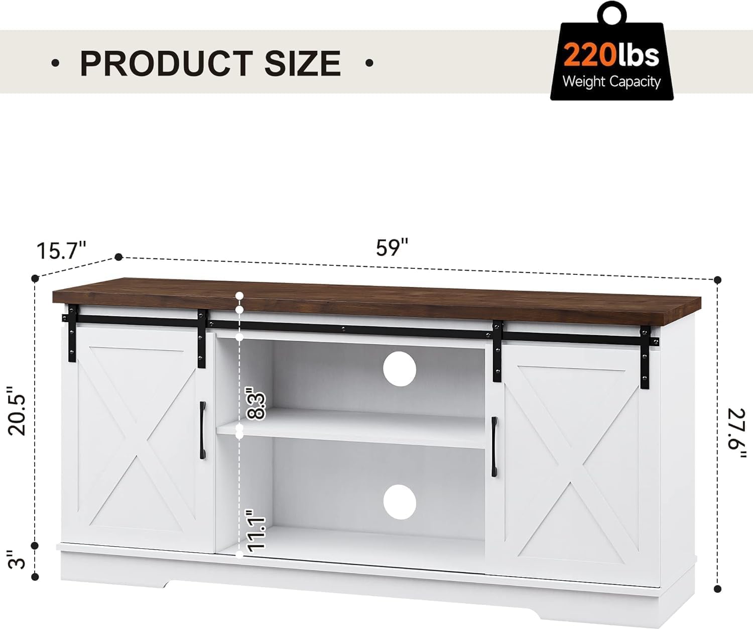 Farmhouse TV Stand with Sliding Barn Doors for TVs up to 65 Inches