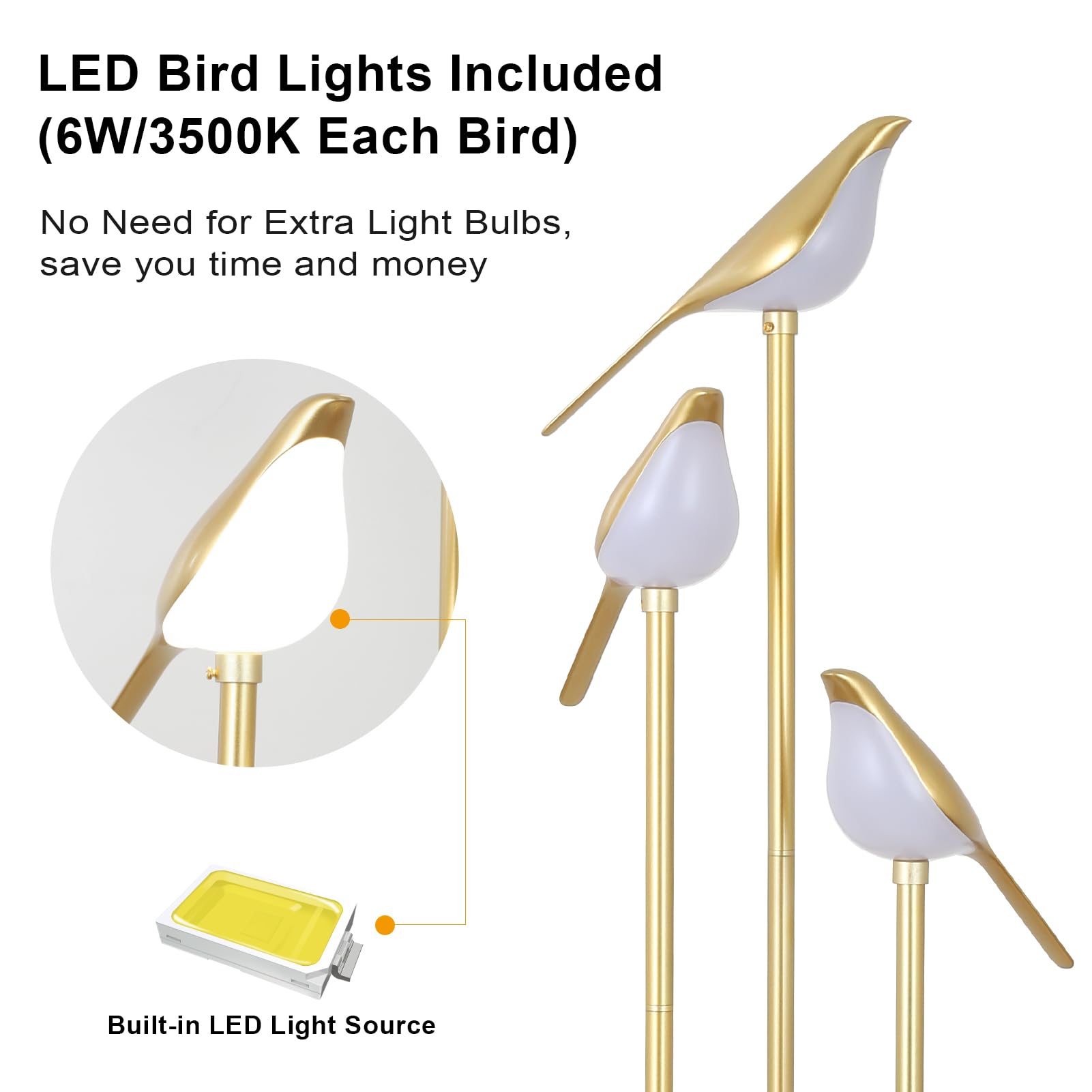 Modern Gold Floor Lamp with Shelves and LED Bird Lights