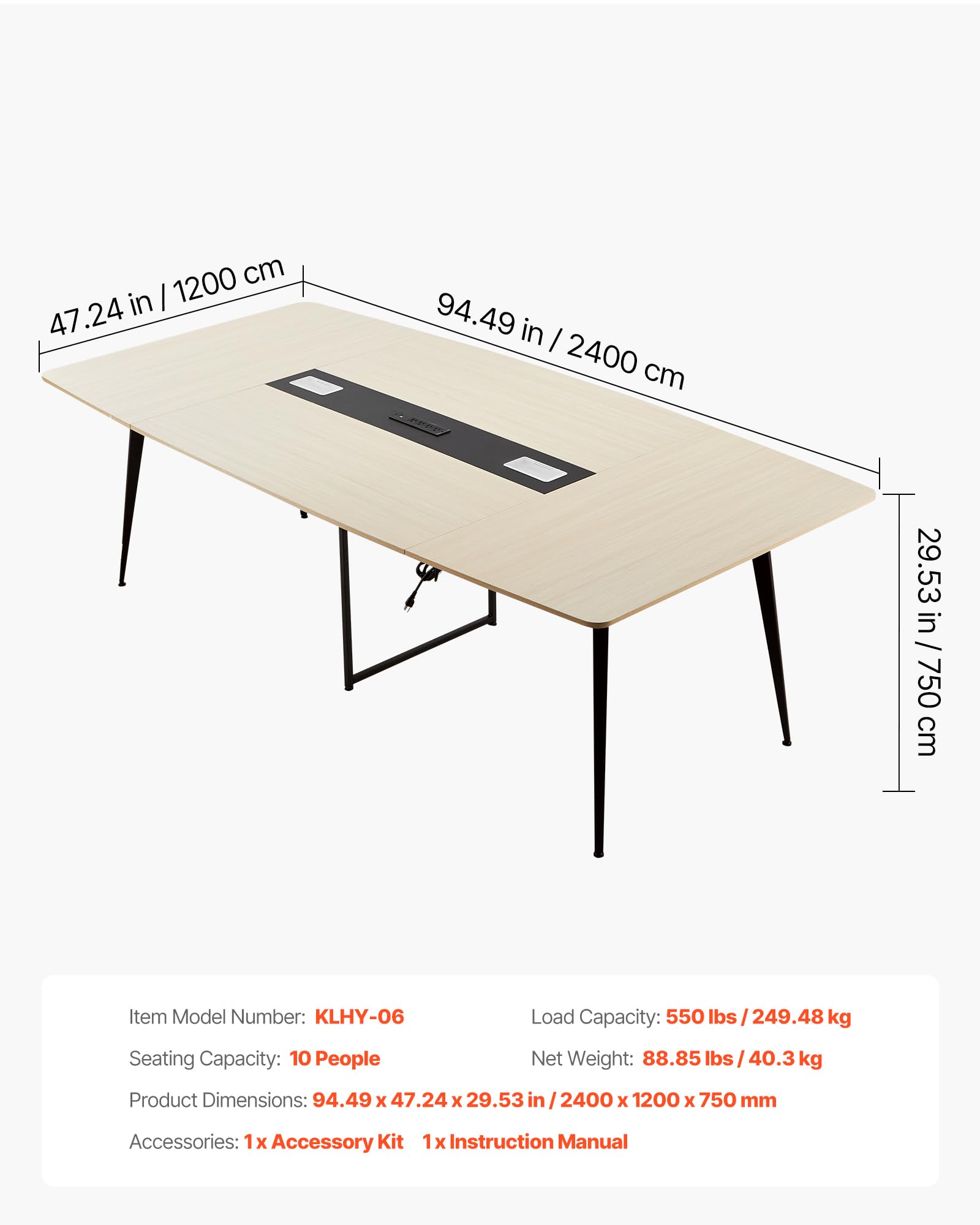 8 ft Boat Shaped Conference Table with Charging Station