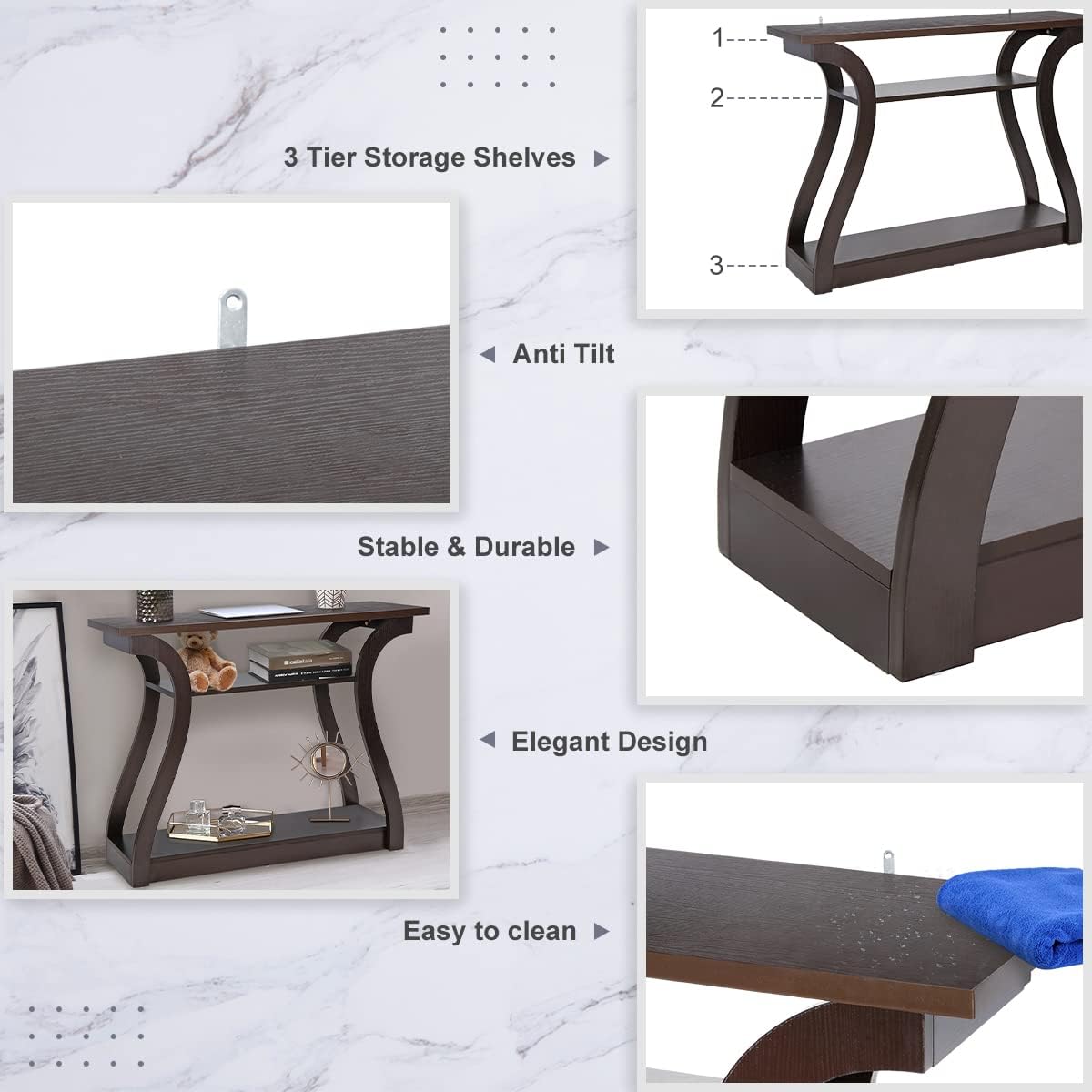 3-Tier Wood Console Table with Curved Legs - 47 Inch Cappuccino
